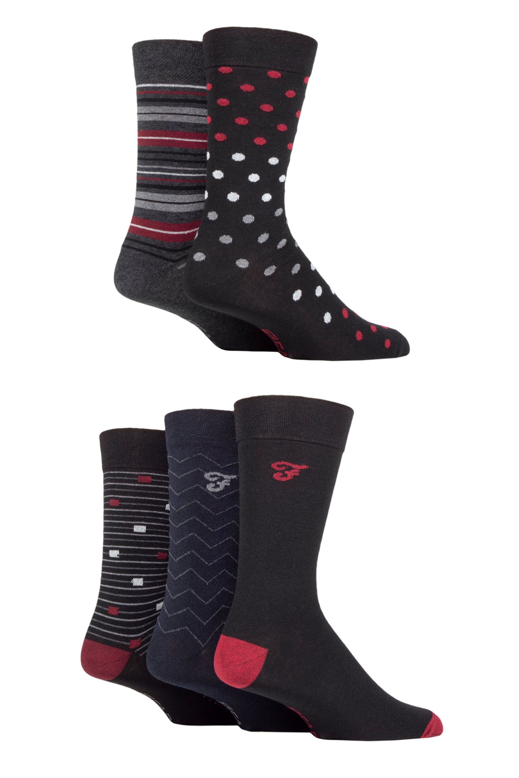 Image of Mens 5 Pair Farah Patterned Striped and Argyle Cotton Socks Pattern Black / Berry 6-11 Mens