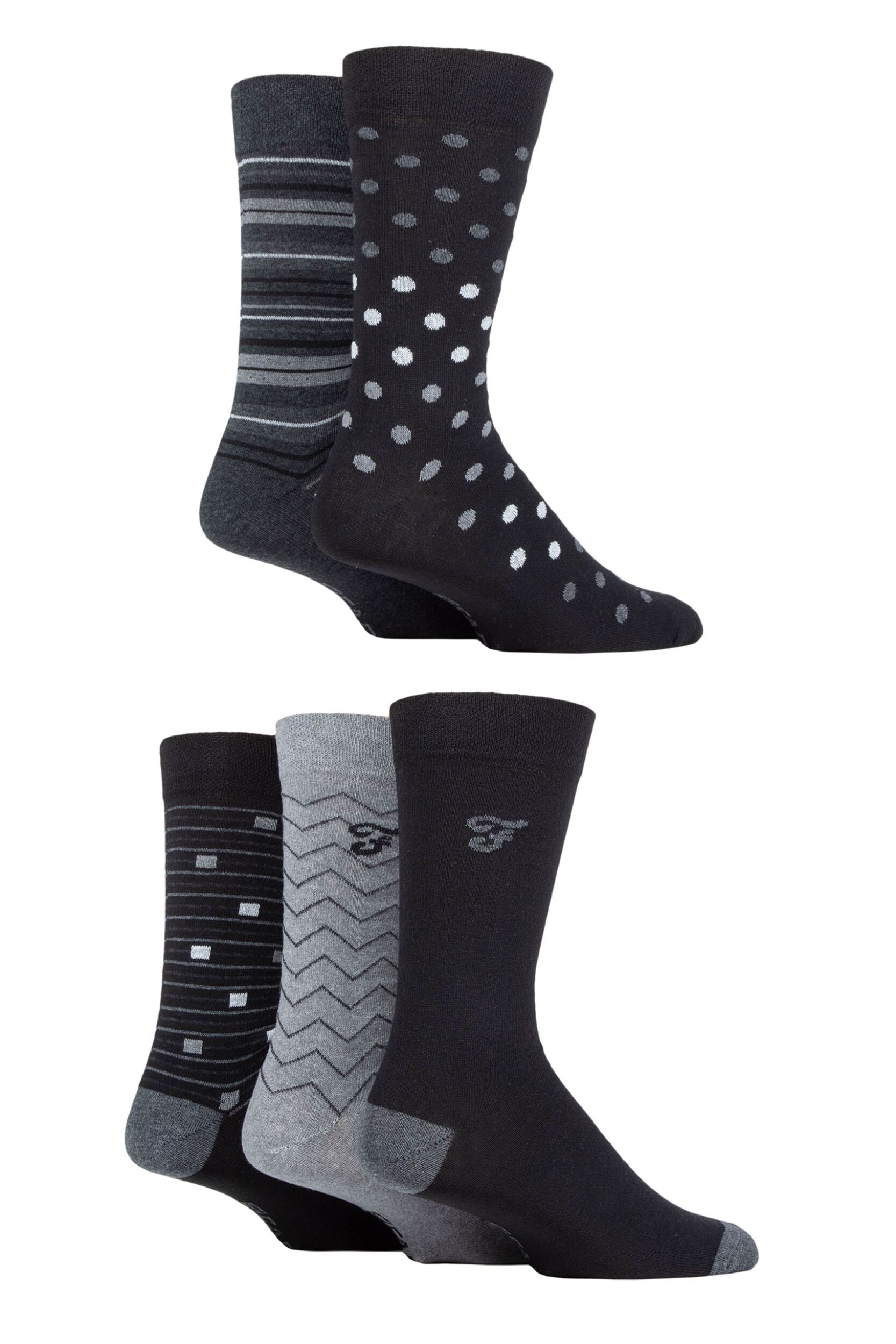 Mens 5 Pair Farah Patterned Striped and Argyle Cotton Socks Pattern Black / Charcoal 6-11 Mens