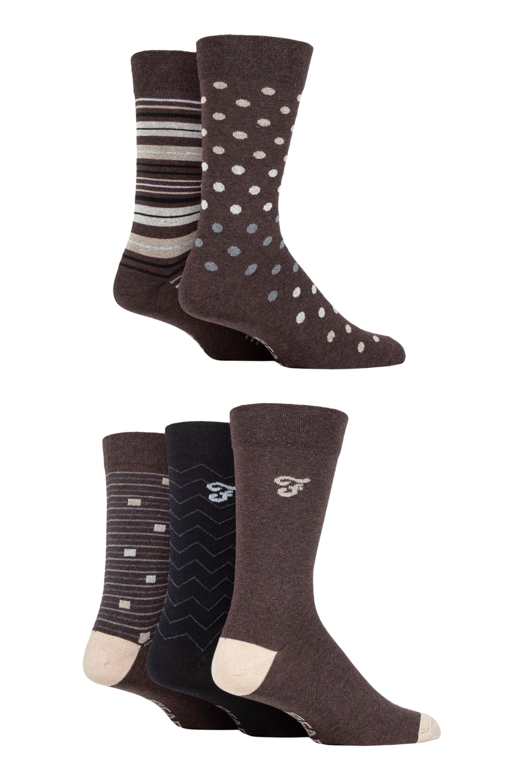 Mens 5 Pair Farah Patterned Striped and Argyle Cotton Socks Pattern Brown 6-11 Mens