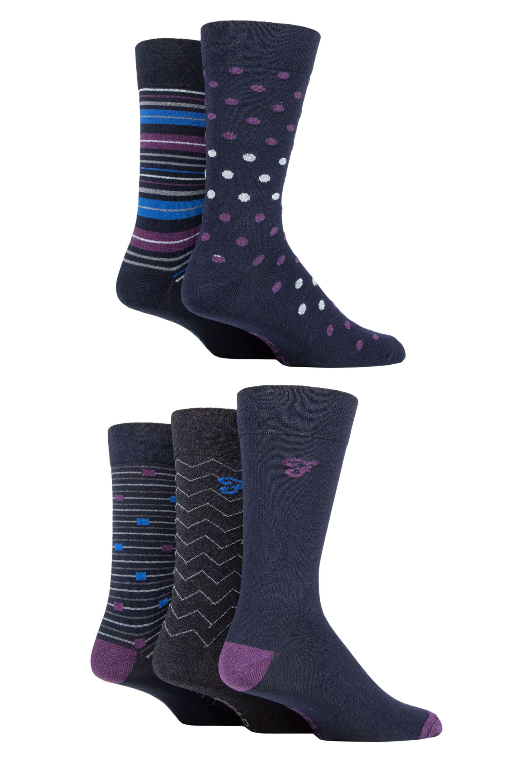 Mens 5 Pair Farah Patterned Striped and Argyle Cotton Socks Pattern Navy 6-11 Mens