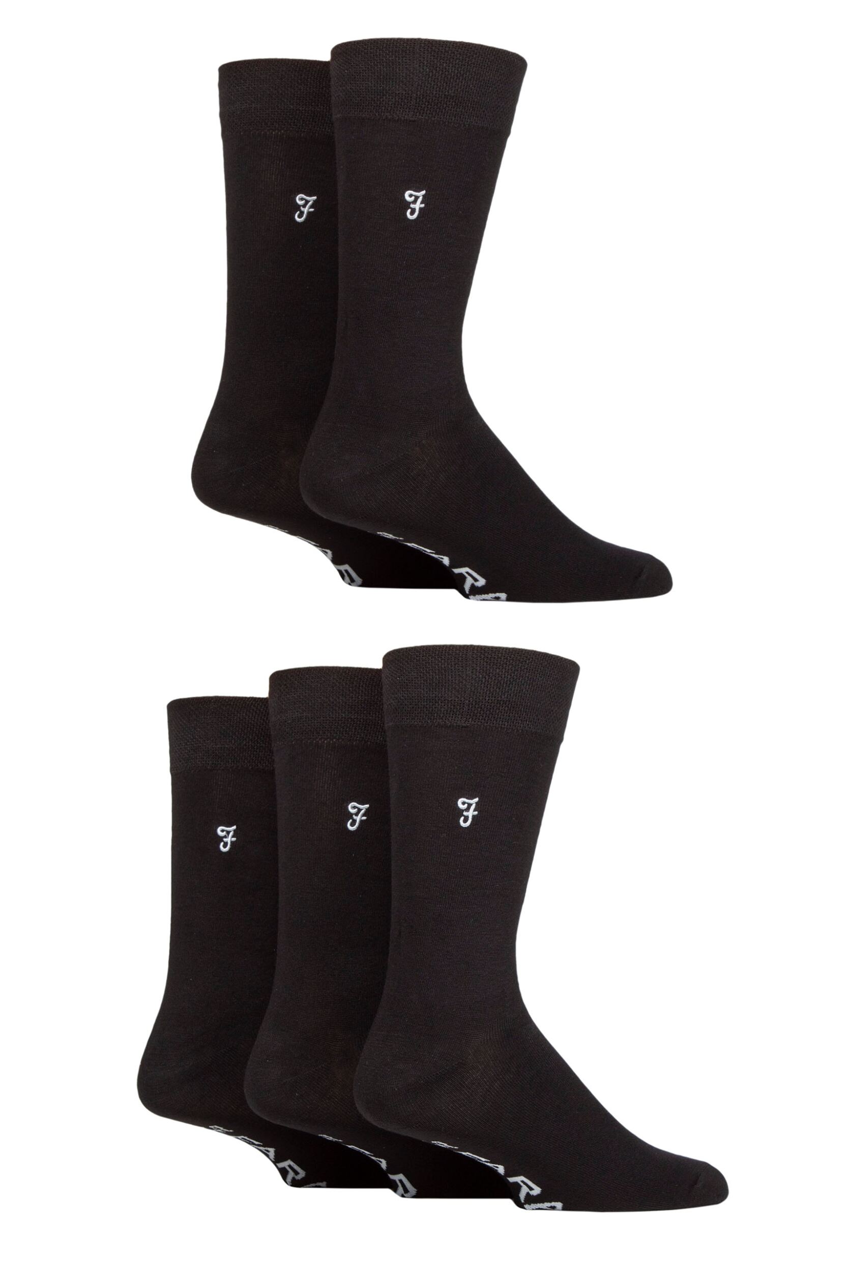 Mens 5 Pair Farah Plain, Striped and Patterned Everyday Bamboo Socks Plain Black 6-11 Mens