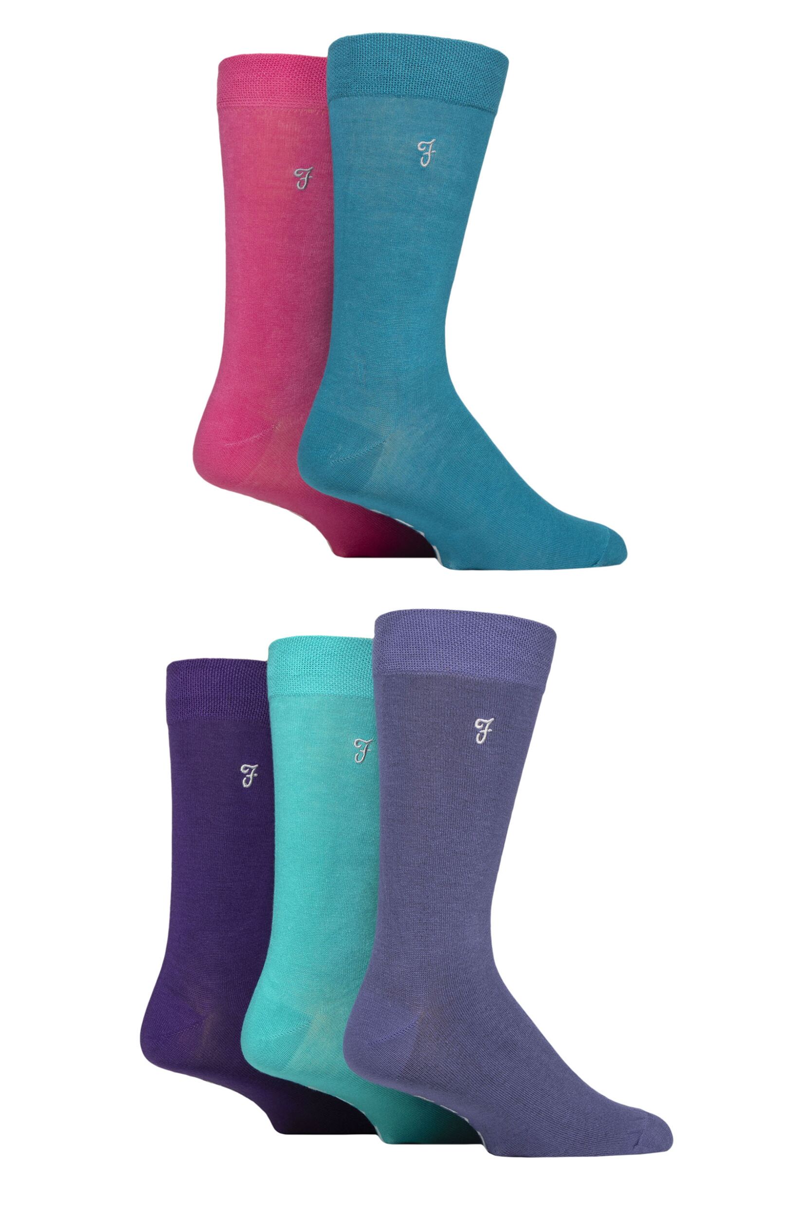 Mens 5 Pair Farah Plain, Striped and Patterned Everyday Bamboo Socks Plain Teal / Pink / Purple 6-11