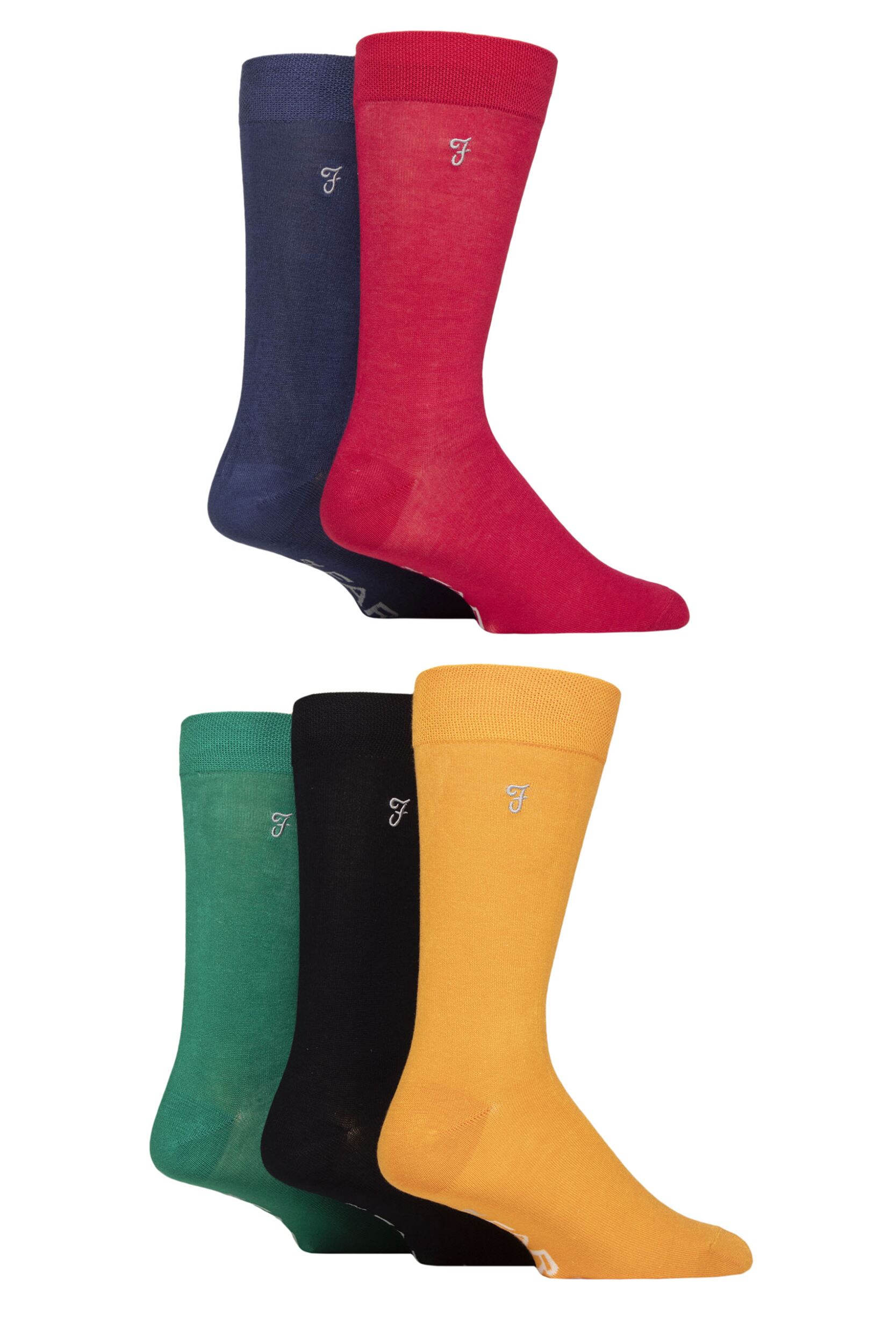 Image of Mens 5 Pair Farah Plain, Striped and Patterned Everyday Bamboo Socks Plain Red / Purple / Yellow 6-11