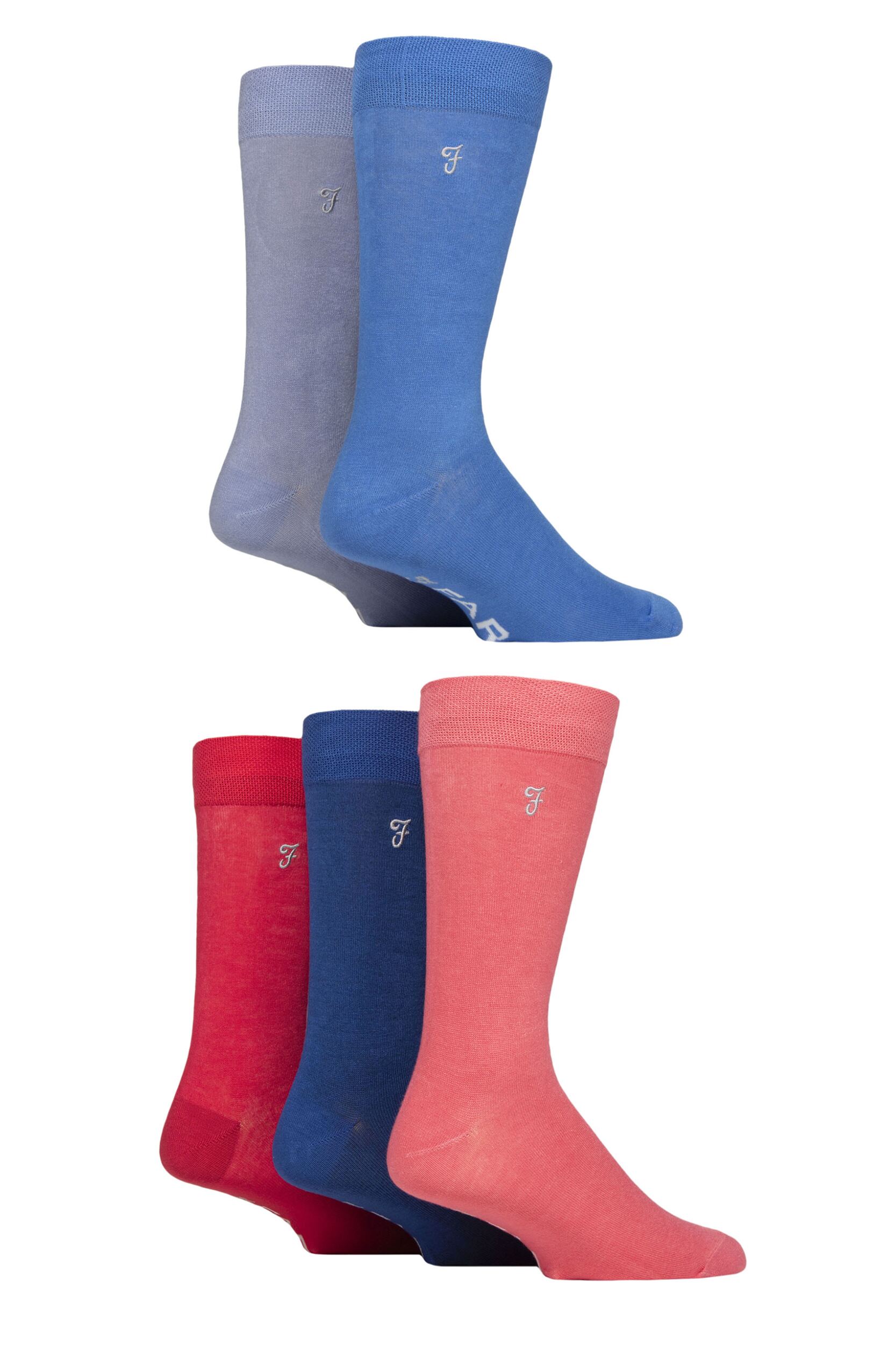 Image of Mens 5 Pair Farah Plain, Striped and Patterned Everyday Bamboo Socks Plain Purple / Grey / Peach 6-11