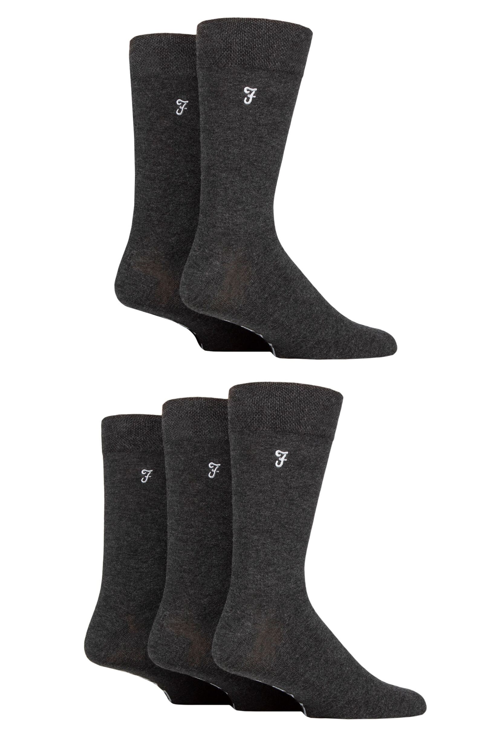 Mens 5 Pair Farah Plain, Striped and Patterned Everyday Bamboo Socks Plain Charcoal 6-11 Mens