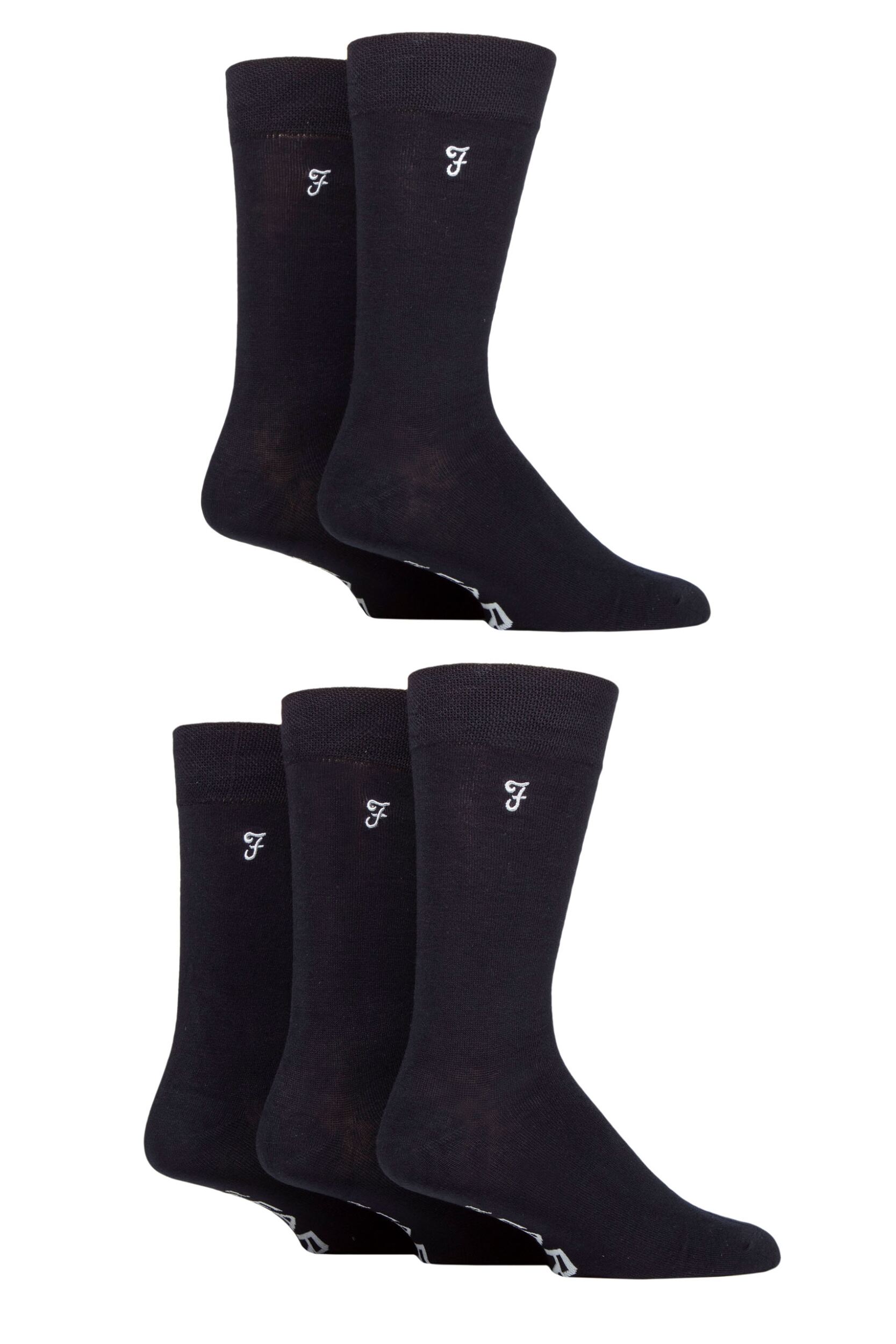 Mens 5 Pair Farah Plain, Striped and Patterned Everyday Bamboo Socks Plain Navy 6-11 Mens