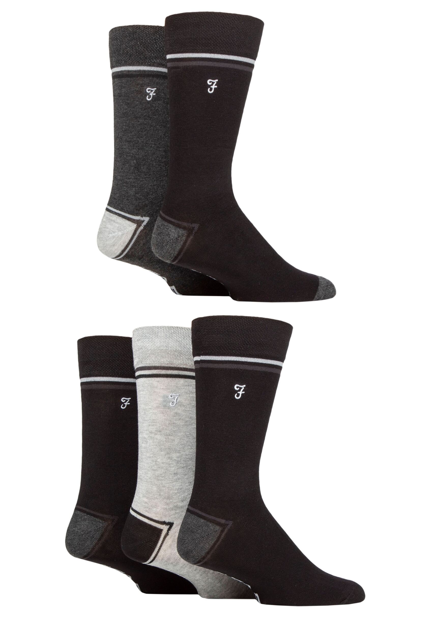 Mens 5 Pair Farah Plain, Striped and Patterned Everyday Bamboo Socks Contrast Heel & Toe Black / Charcoal 6-11 Mens