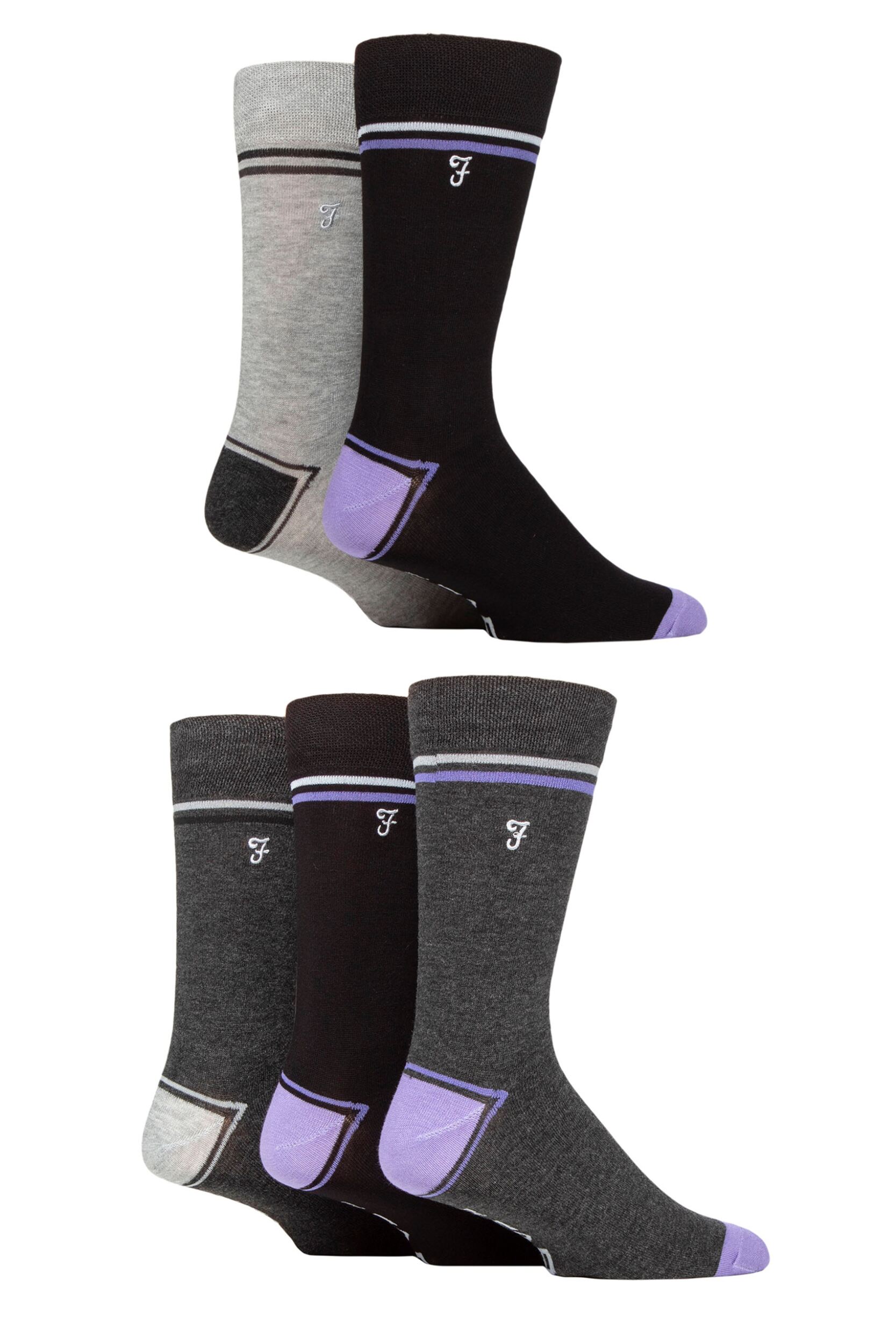 Mens 5 Pair Farah Plain, Striped and Patterned Everyday Bamboo Socks Contrast Heel & Toe Black / Purple 6-11 Mens