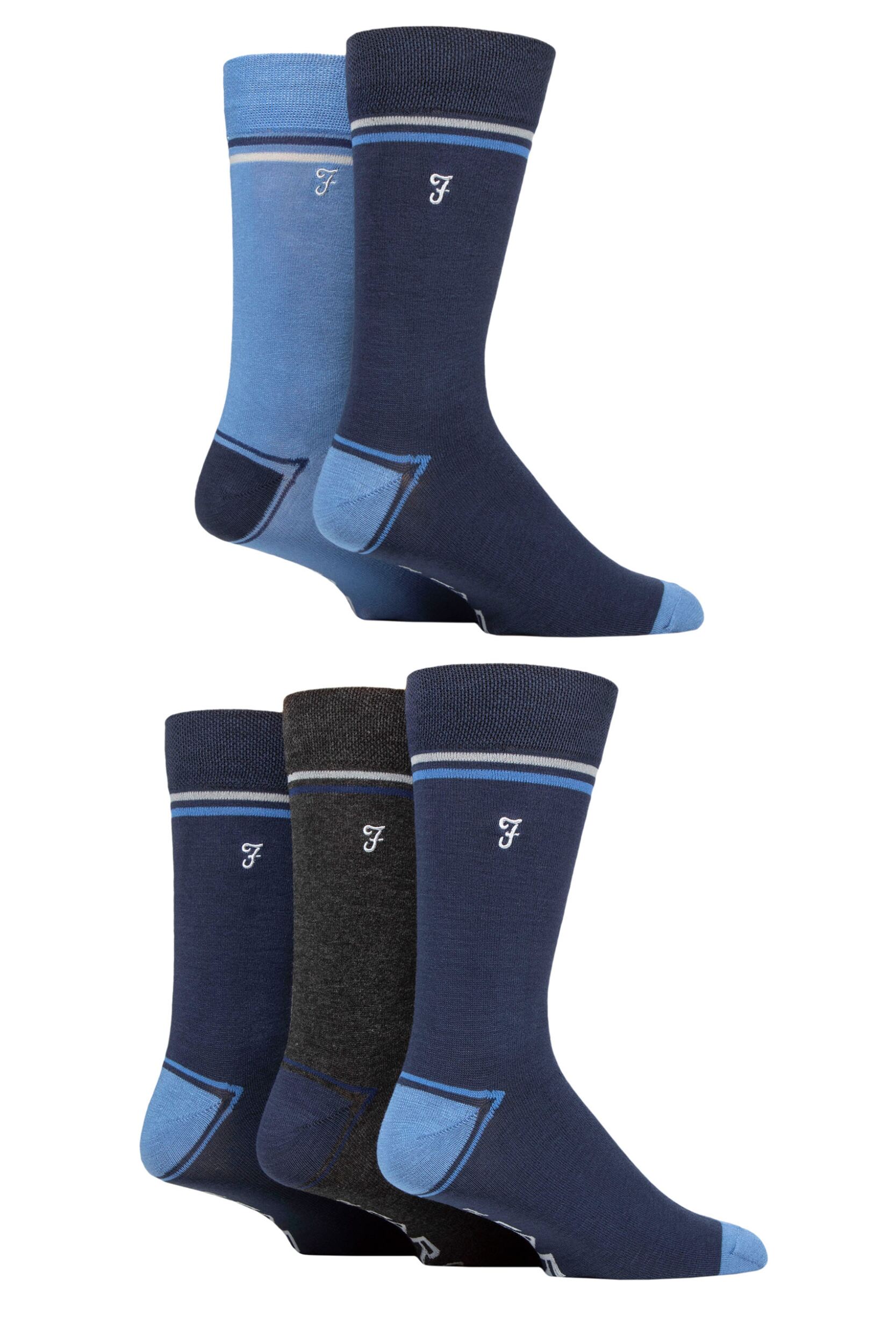 Mens 5 Pair Farah Plain, Striped and Patterned Everyday Bamboo Socks Contrast Heel & Toe Navy / Blue 6-11 Mens
