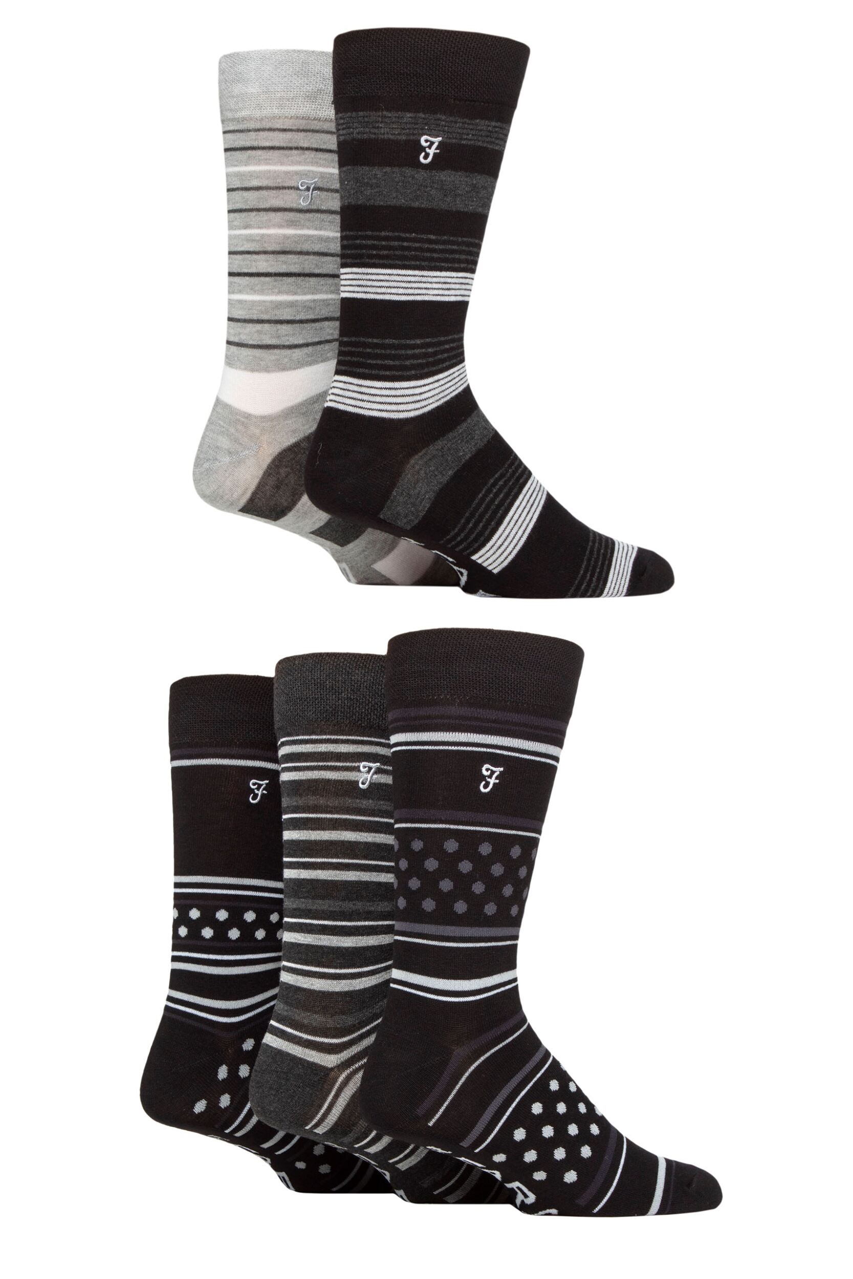 Mens 5 Pair Farah Plain, Striped and Patterned Everyday Bamboo Socks Stripe and Dots Black / Charcoal 6-11 Mens