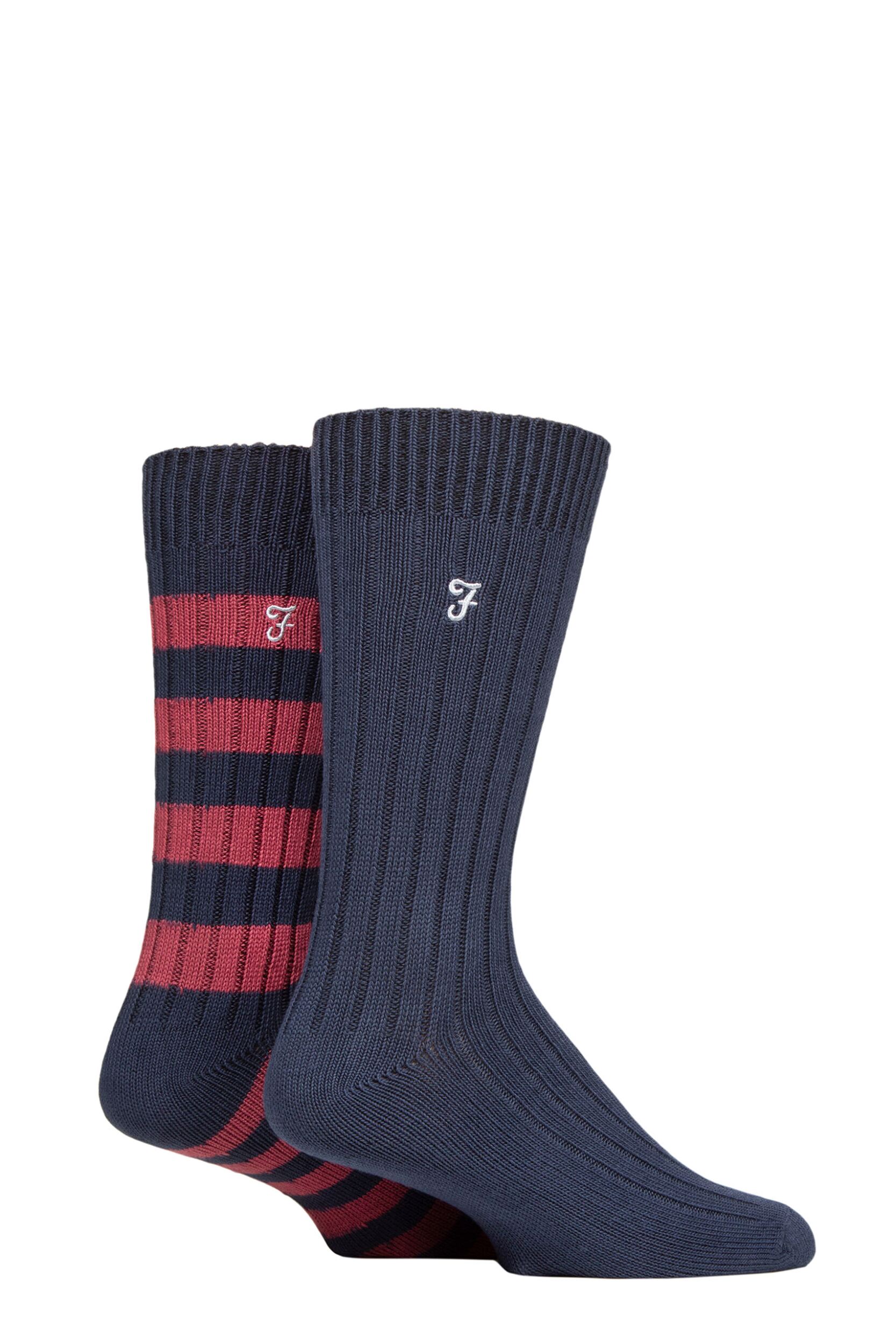 Mens 2 Pair Farah Bamboo Boot Socks Navy / Berry 6-11 Mens