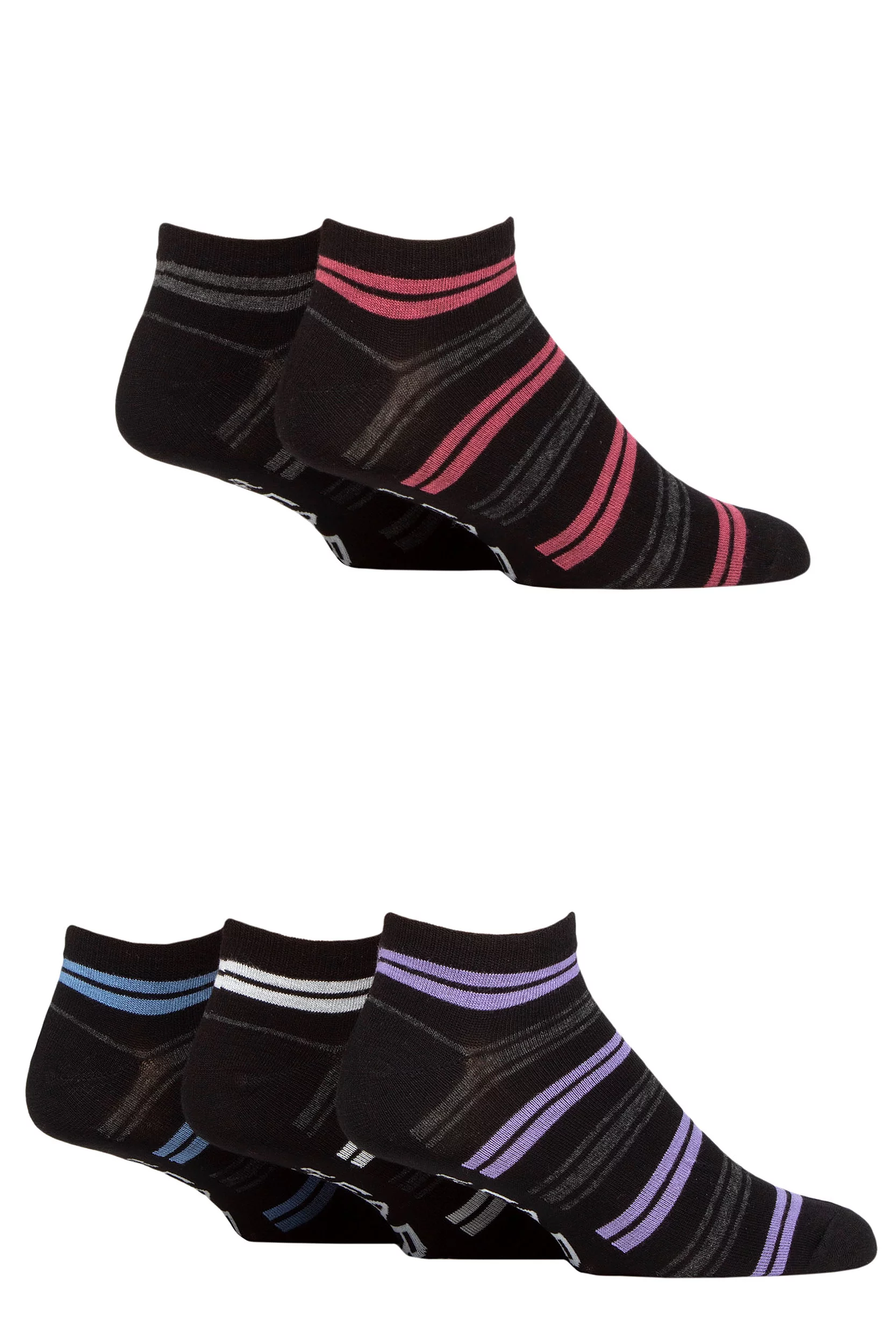 Mens 5 Pair Farah Striped Bamboo Trainer Socks Black Stripe 6-11 Mens
