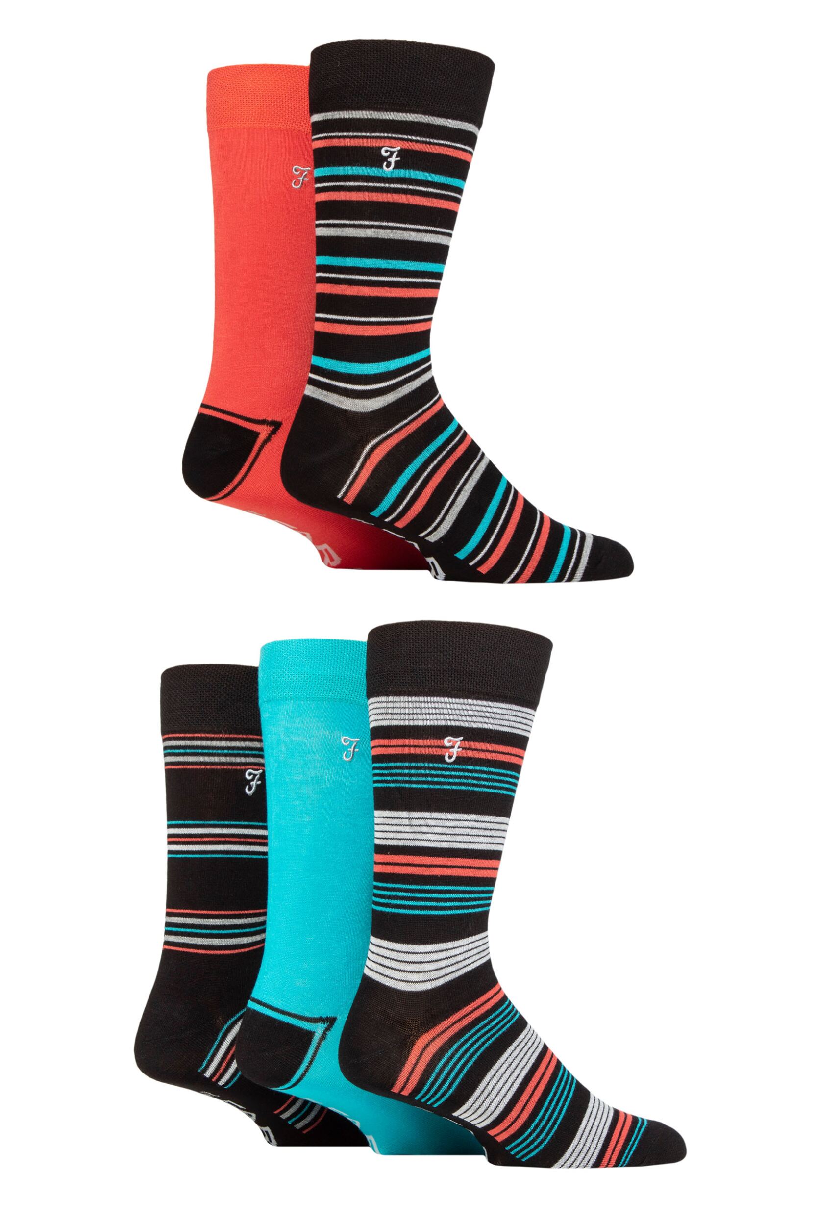Image of Mens 5 Pair Farah Plain, Striped and Patterned Everyday Bamboo Socks Stripe Black / Coral 6-11 Mens