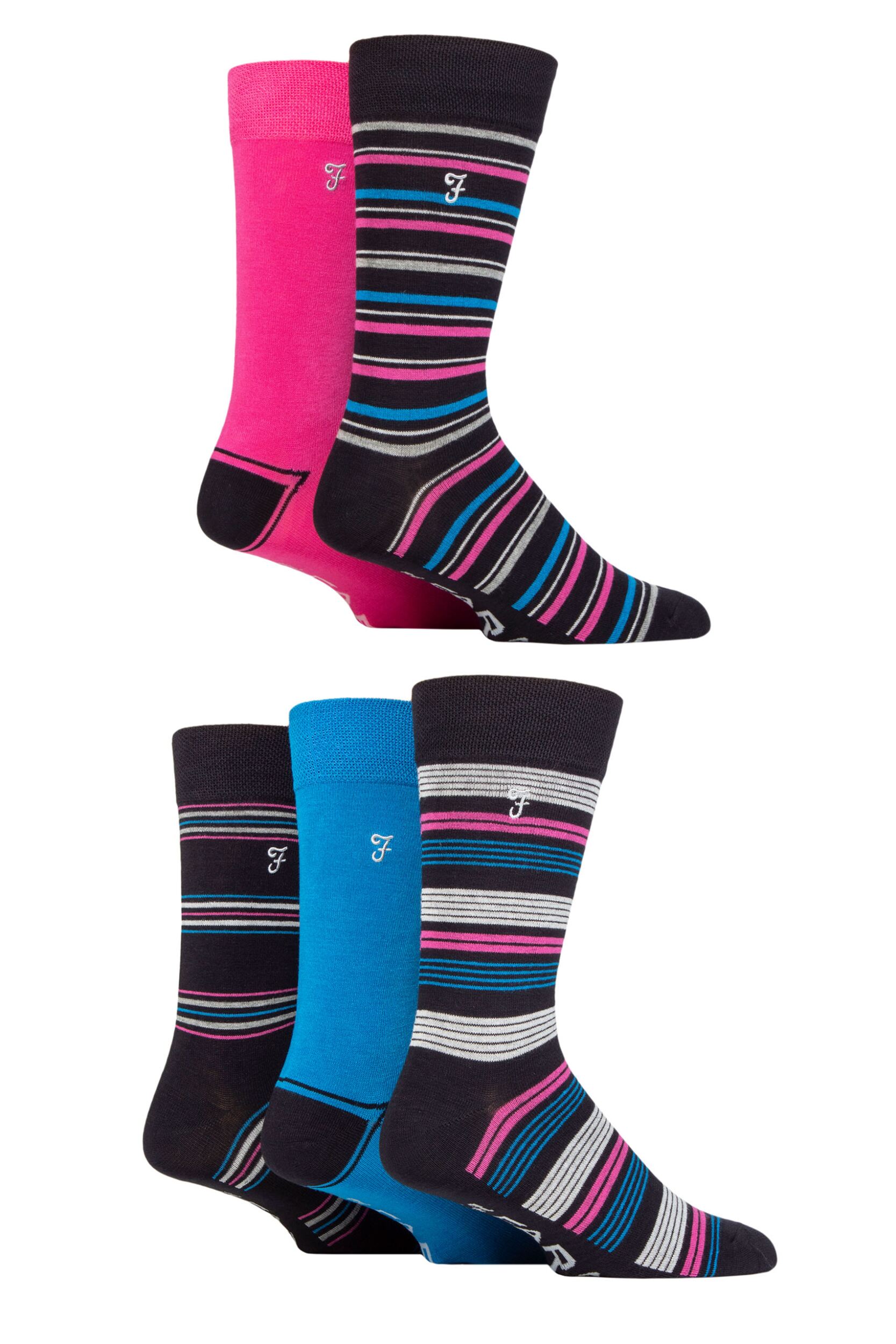 Mens 5 Pair Farah Plain, Striped and Patterned Everyday Bamboo Socks Stripe Dark Navy / Cerise 6-11 Mens