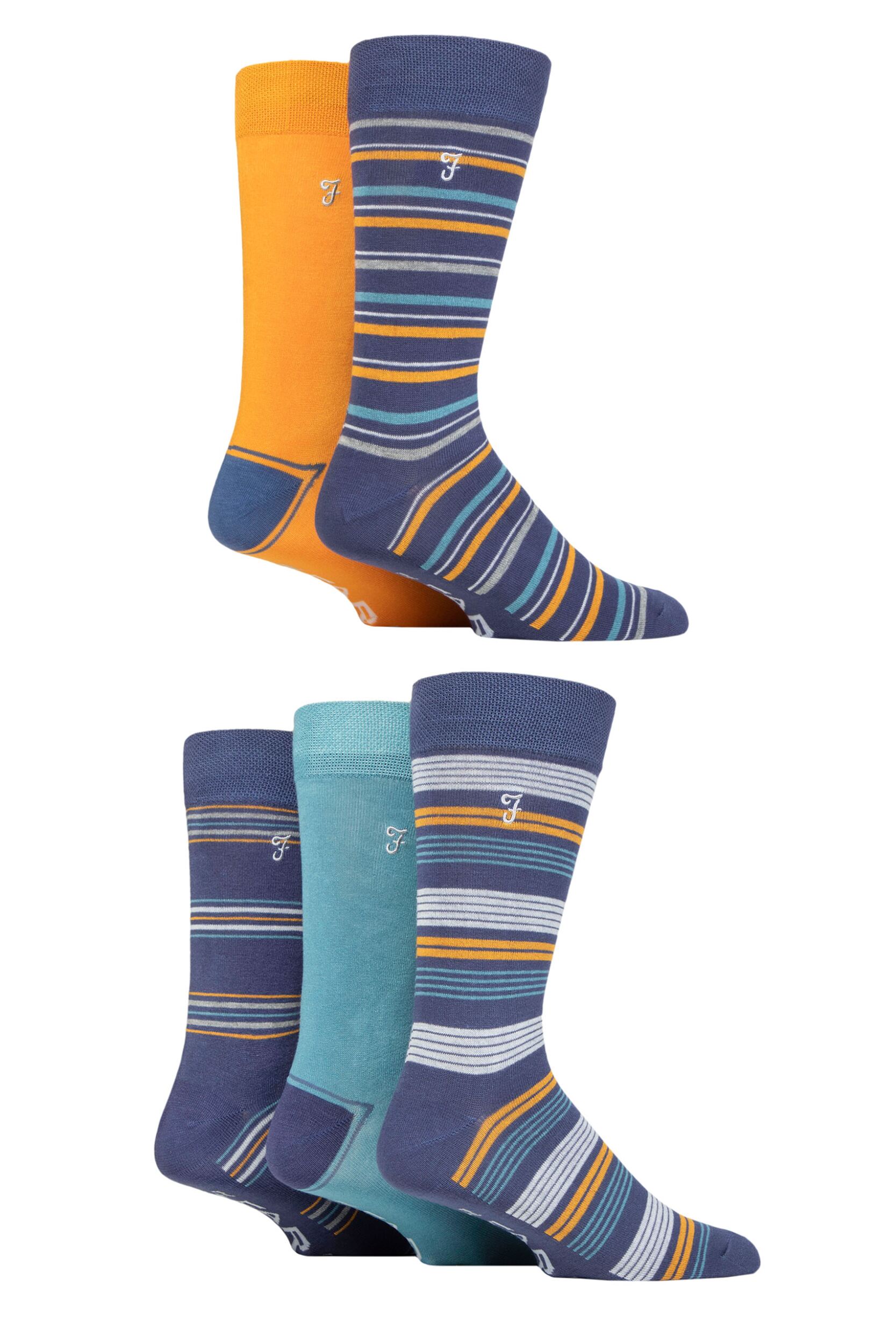 Image of Mens 5 Pair Farah Plain, Striped and Patterned Everyday Bamboo Socks Stripe Navy / Blue 6-11 Mens
