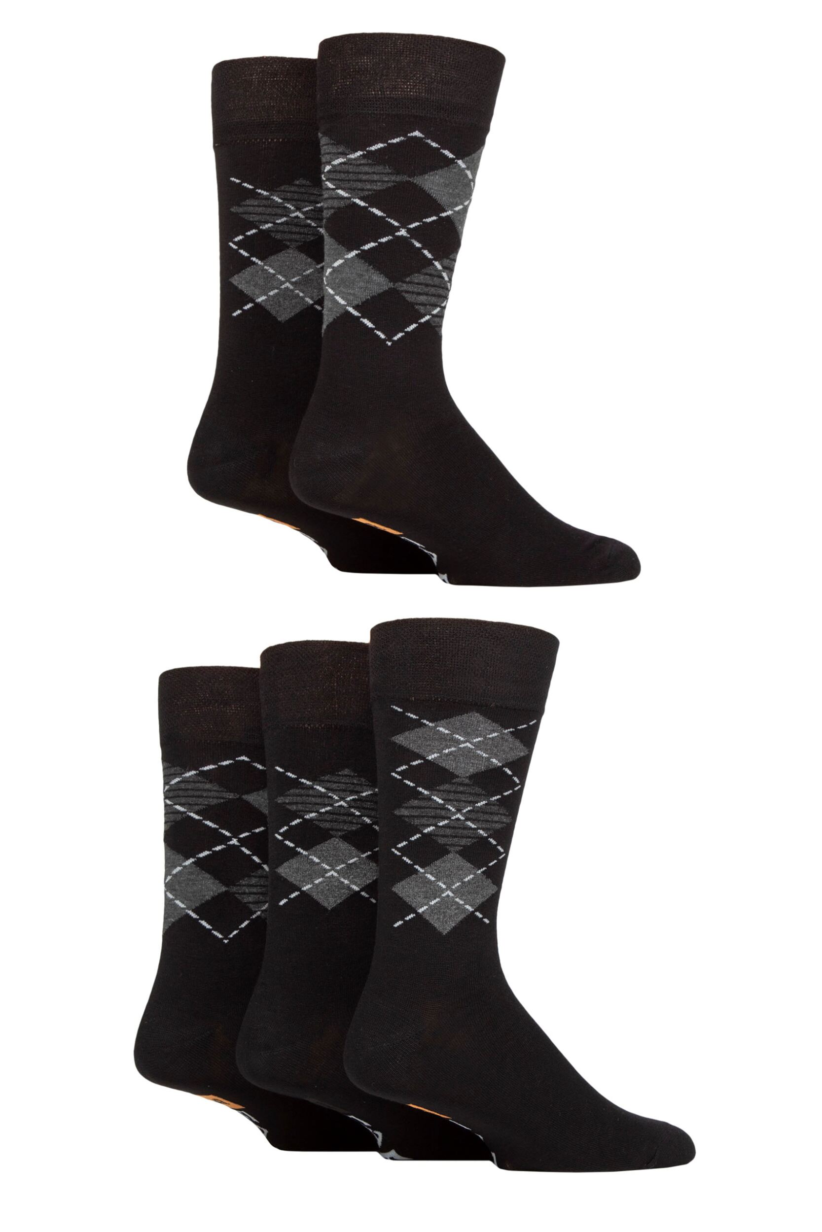 Image of Mens 5 Pair Farah Argyle, Patterned and Striped Bamboo Socks Black / Charcoal / Grey Argyle 6-11 Mens