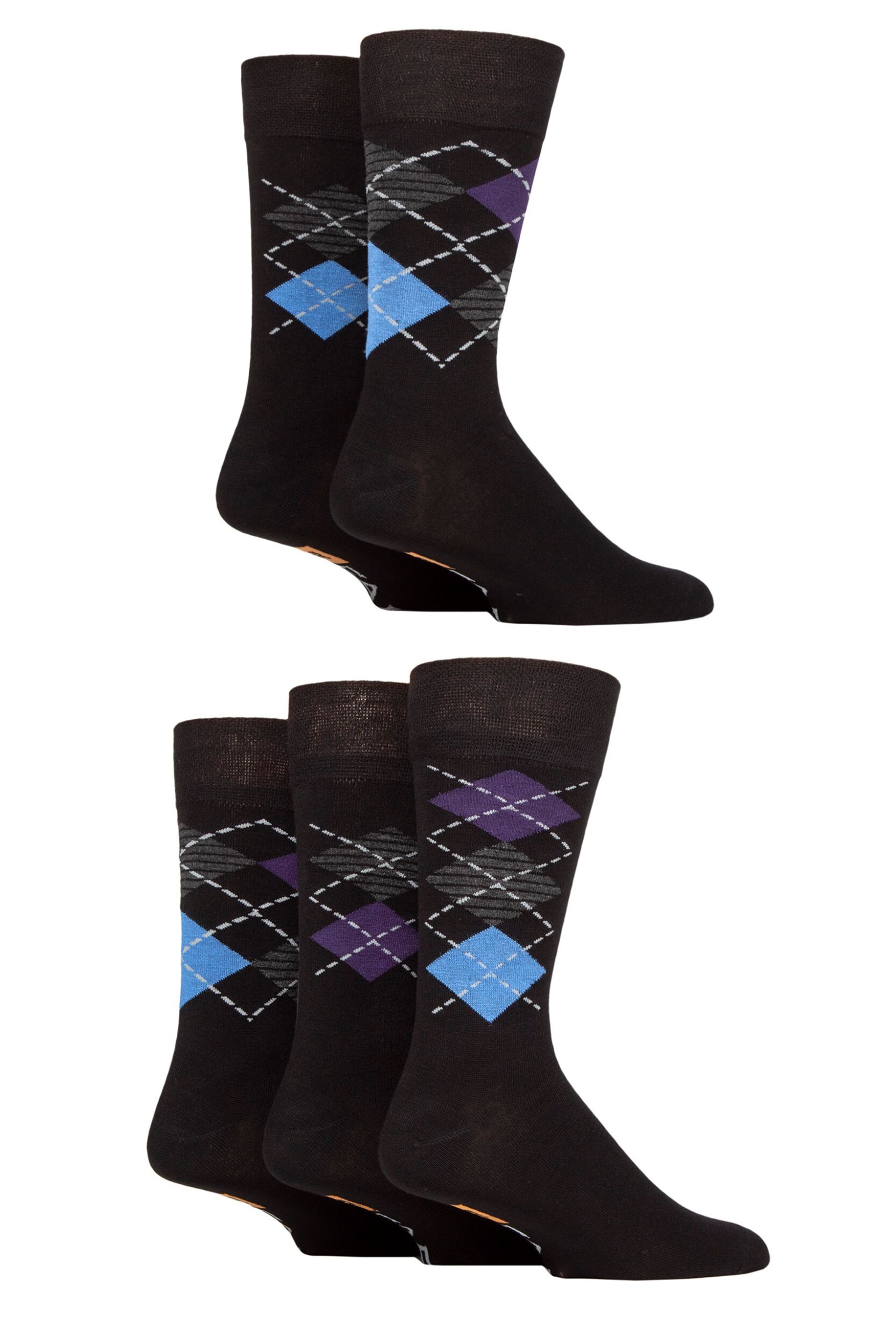 Image of Mens 5 Pair Farah Argyle, Patterned and Striped Bamboo Socks Black / Purple / Blue Argyle 6-11 Mens