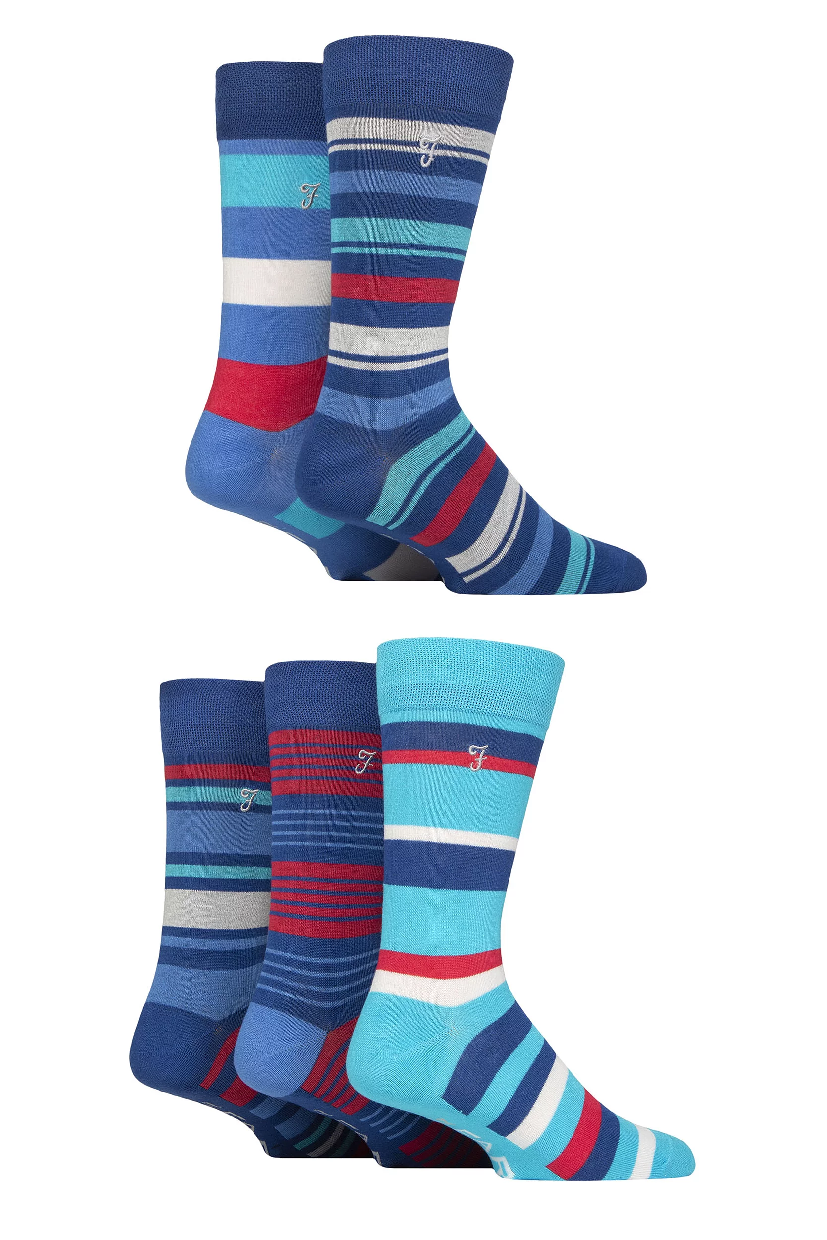 Mens 5 Pair Farah Plain, Striped and Patterned Everyday Bamboo Socks Striped Navy / Cobalt / Red 6
