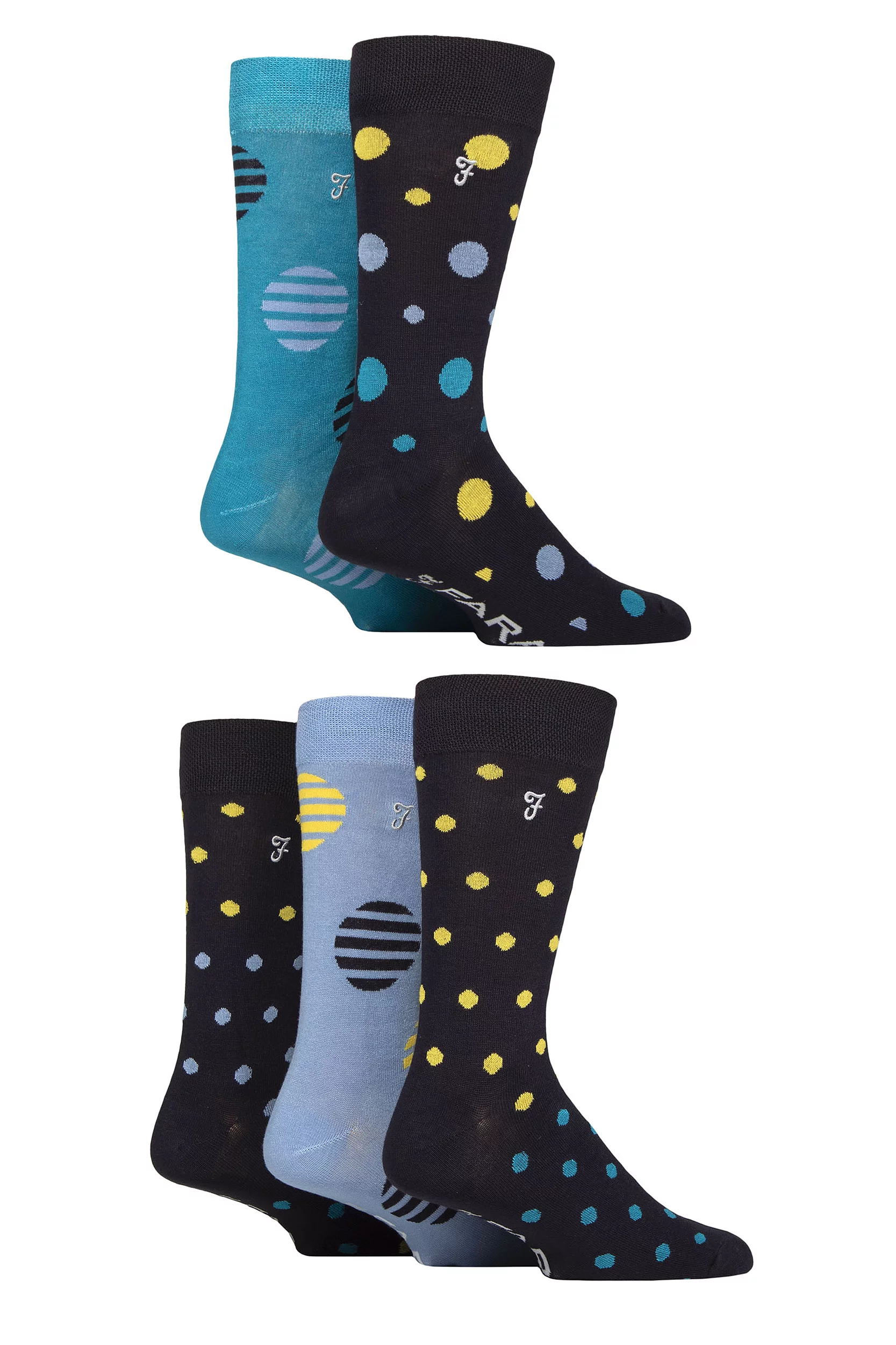 Mens 5 Pair Farah Plain, Striped and Patterned Everyday Bamboo Socks Spotty Dark Navy / Yellow / Teal 6
