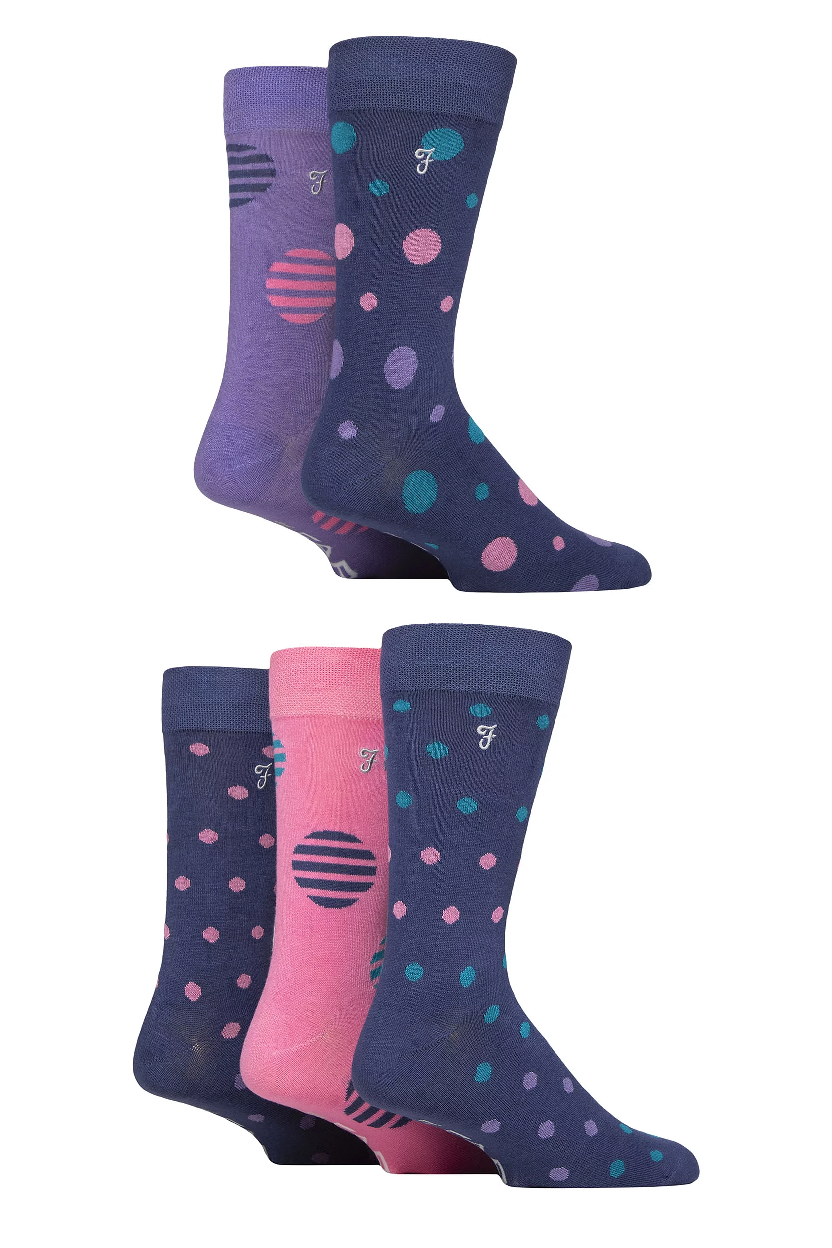 Mens 5 Pair Farah Plain, Striped and Patterned Everyday Bamboo Socks Spotty Midnight / Teal / Pink 6