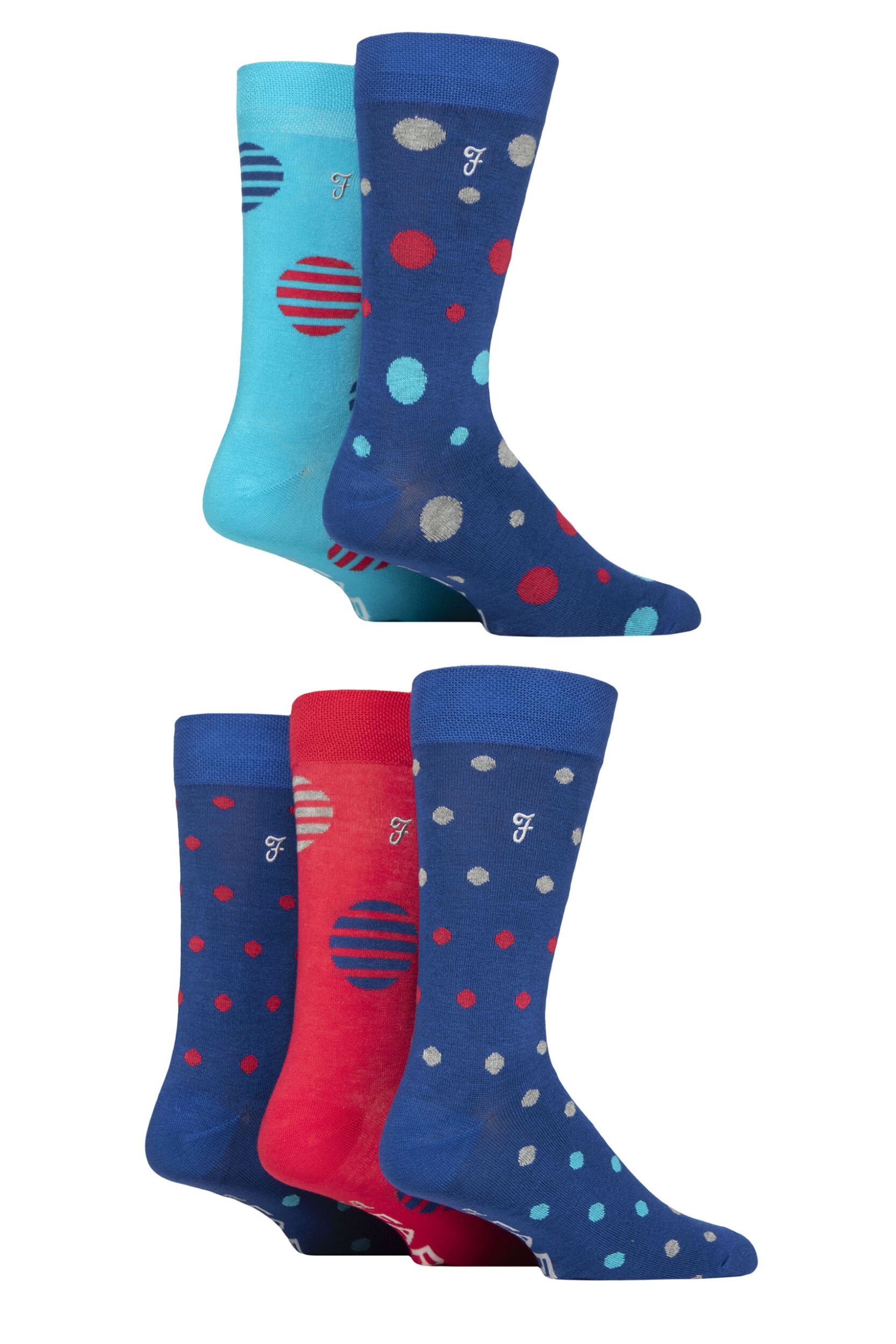 Image of Mens 5 Pair Farah Plain, Striped and Patterned Everyday Bamboo Socks Spotty Navy / Cobalt / Red 6-11