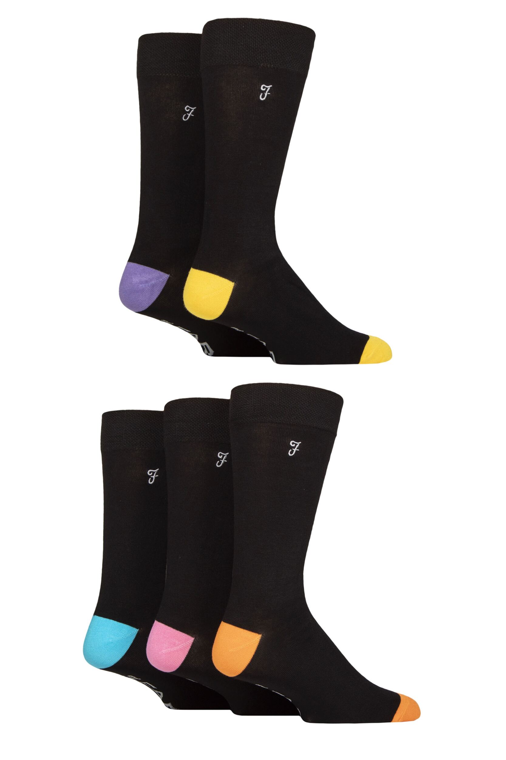 Mens 5 Pair Farah Plain, Striped and Patterned Everyday Bamboo Socks Contrast Black 6-11