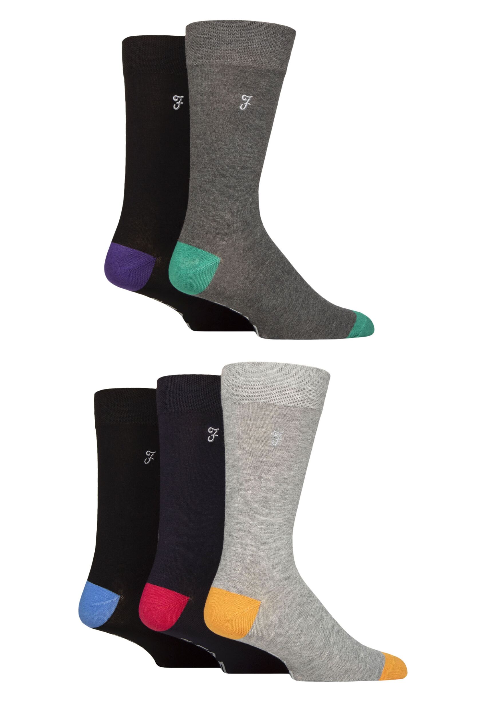 Mens 5 Pair Farah Plain, Striped and Patterned Everyday Bamboo Socks Contrast Multi 6-11