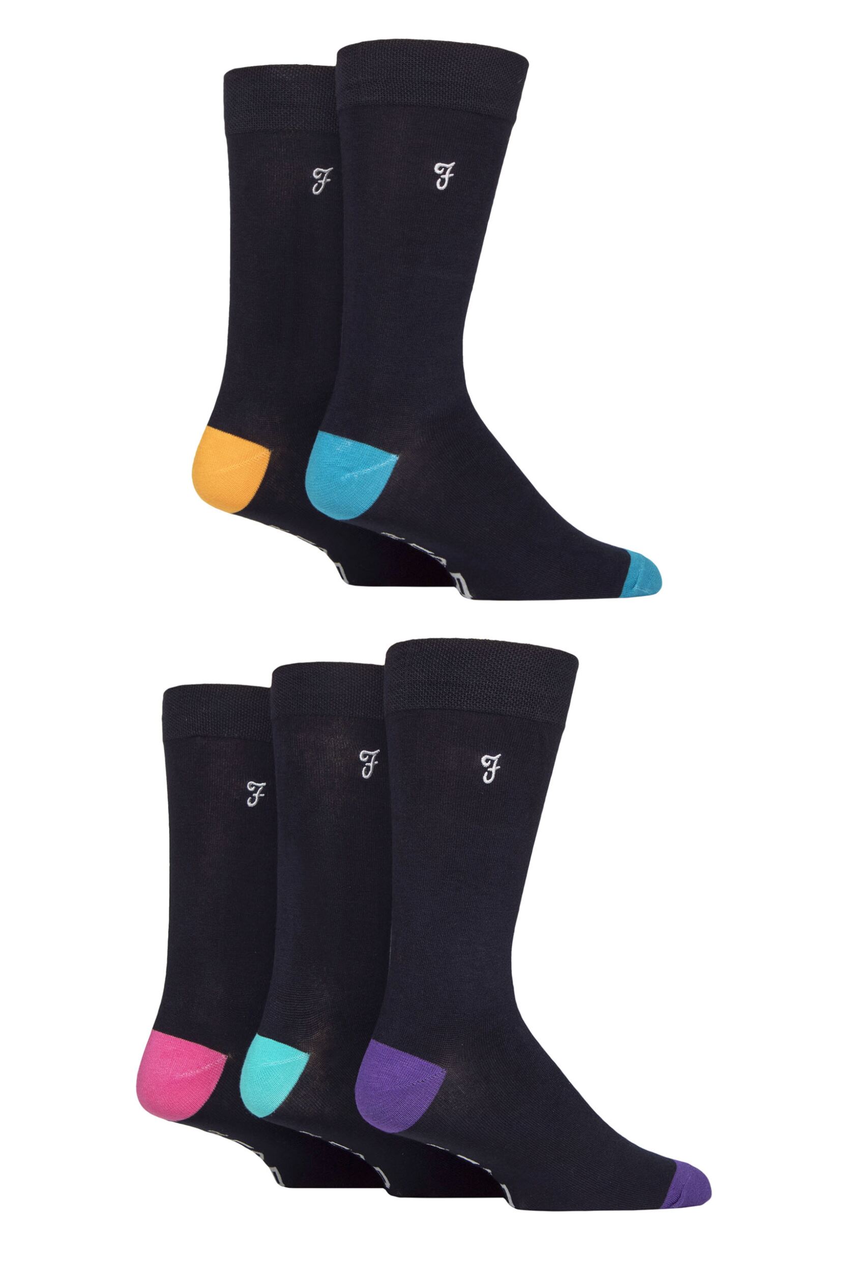 Mens 5 Pair Farah Plain, Striped and Patterned Everyday Bamboo Socks Contrast Navy 6-11