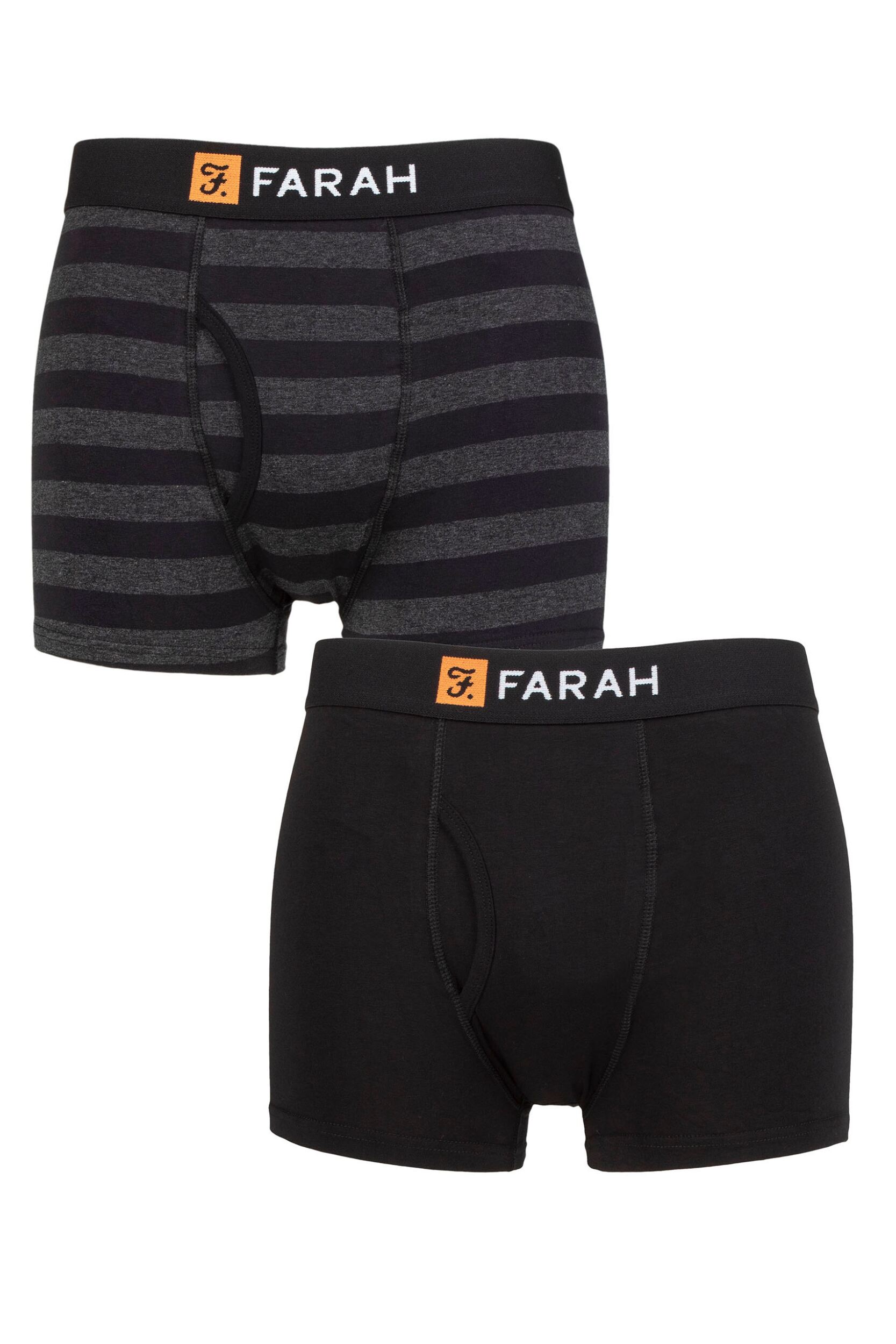 Mens 2 Pack Farah Plain and Striped Cotton Classic Keyhole Trunks Broad Stripe Black / Charcoal M