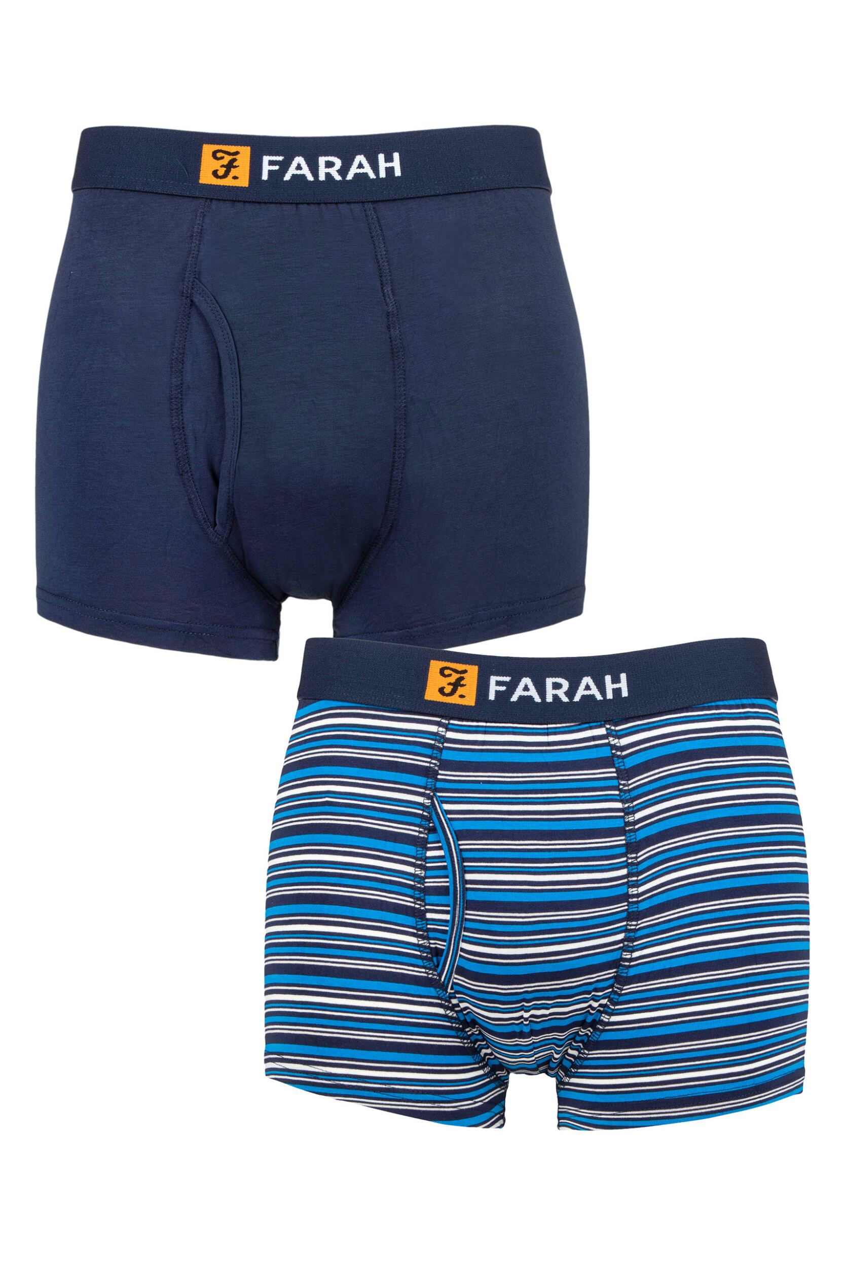 Mens 2 Pack Farah Classic Striped and Plain Bamboo Keyhole Trunks Navy / Blue L