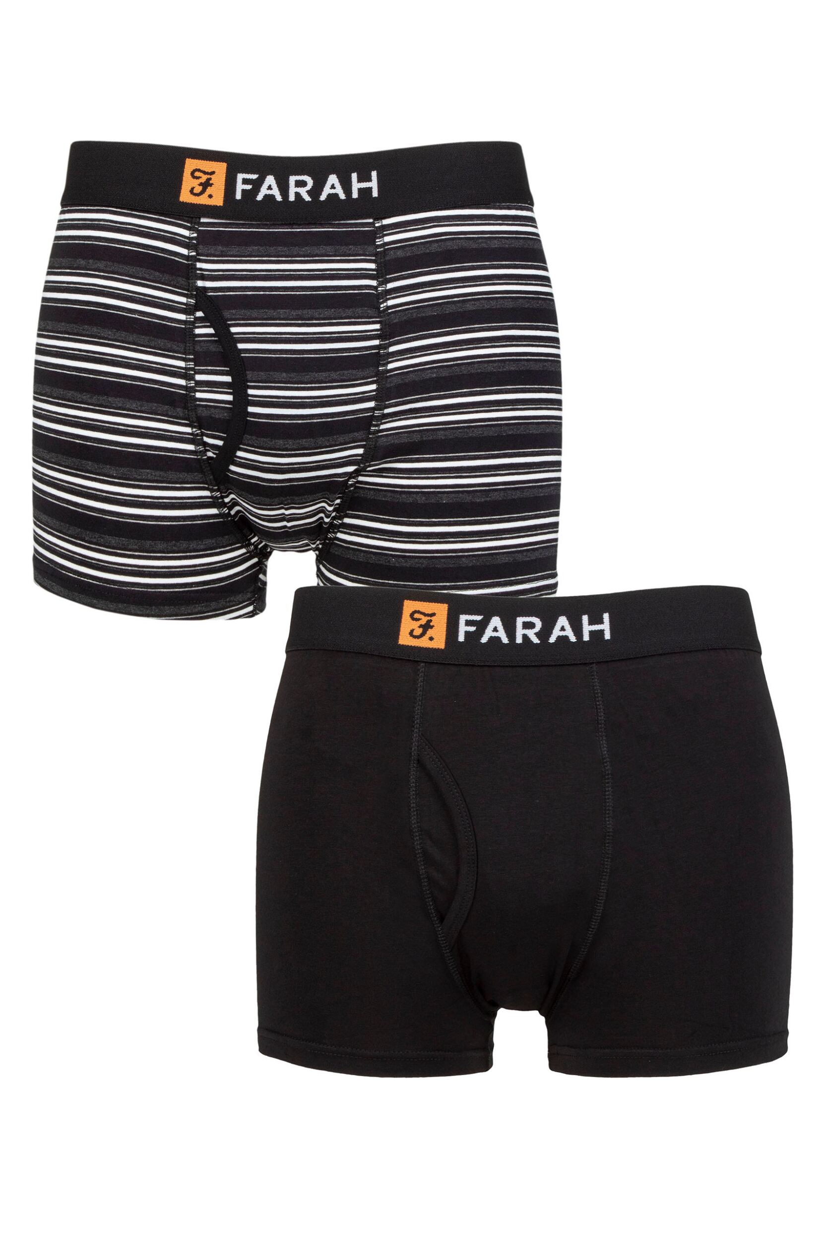 Mens 2 Pack Farah Plain and Striped Cotton Classic Keyhole Trunks Black / Charcoal XL