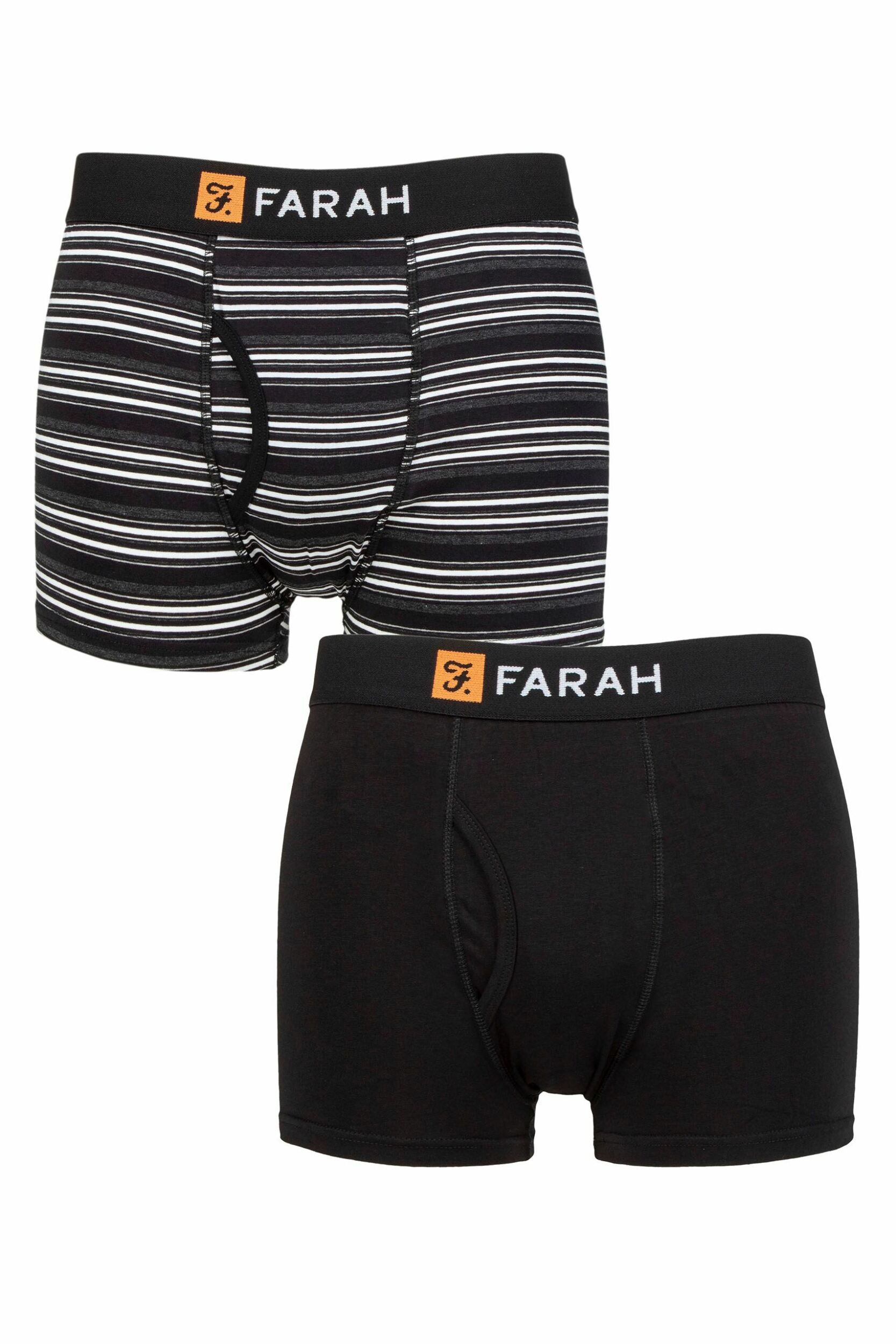Mens 2 Pack Farah Plain and Striped Cotton Classic Keyhole Trunks Black / Charcoal S