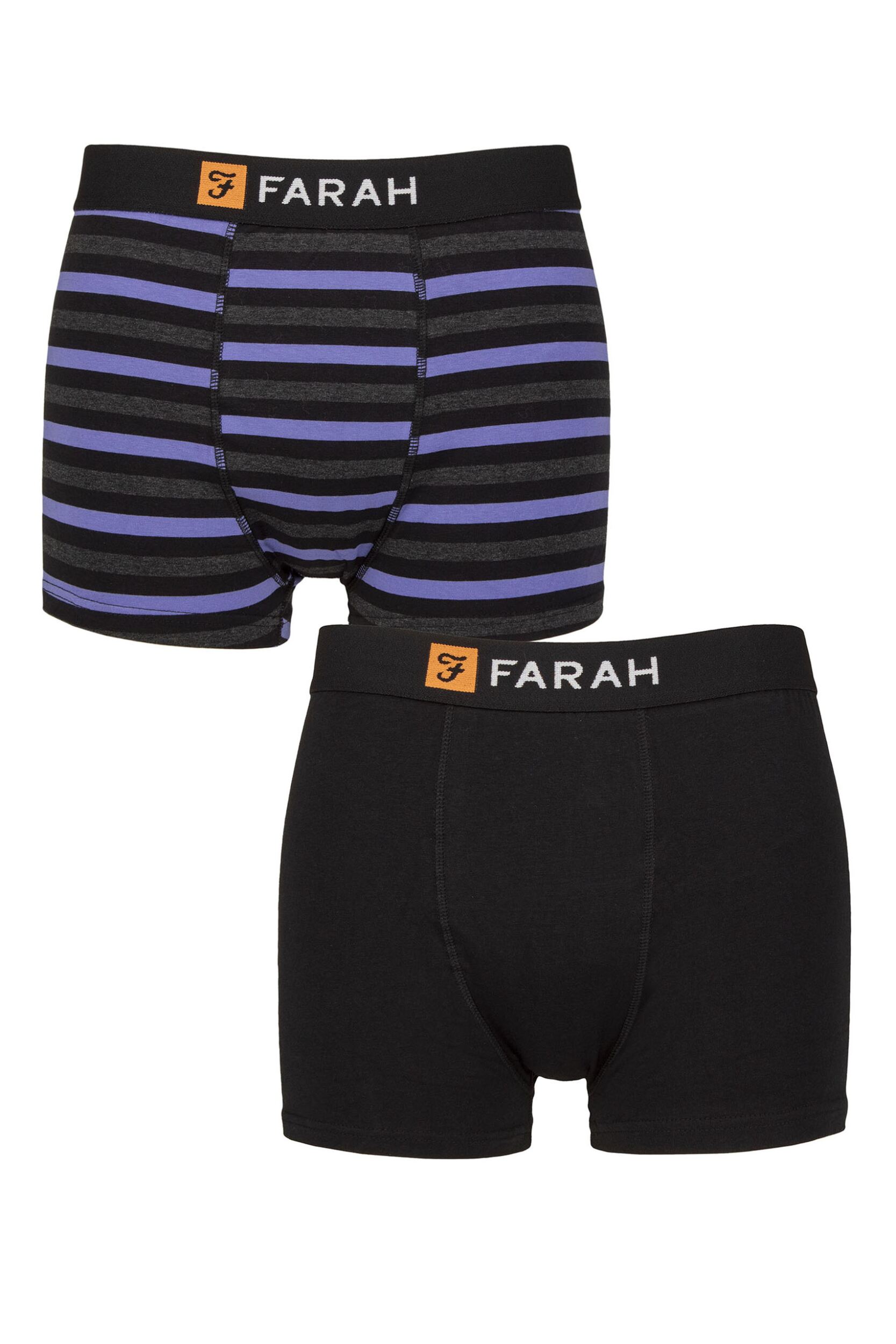 Mens 2 Pack Farah Plain and Striped Cotton Classic Fitted Trunks Stripe Black / Purple L