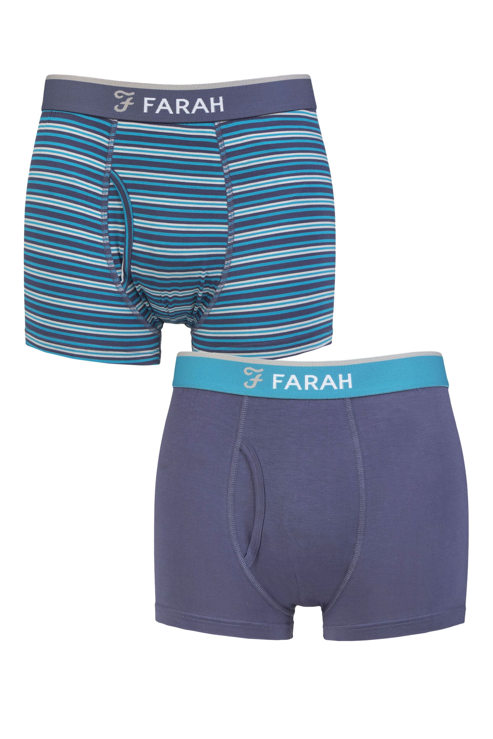 Mens 2 Pair Farah Plain and Stripe Bamboo Keyhole Trunks Stripe Denim / Aqua S