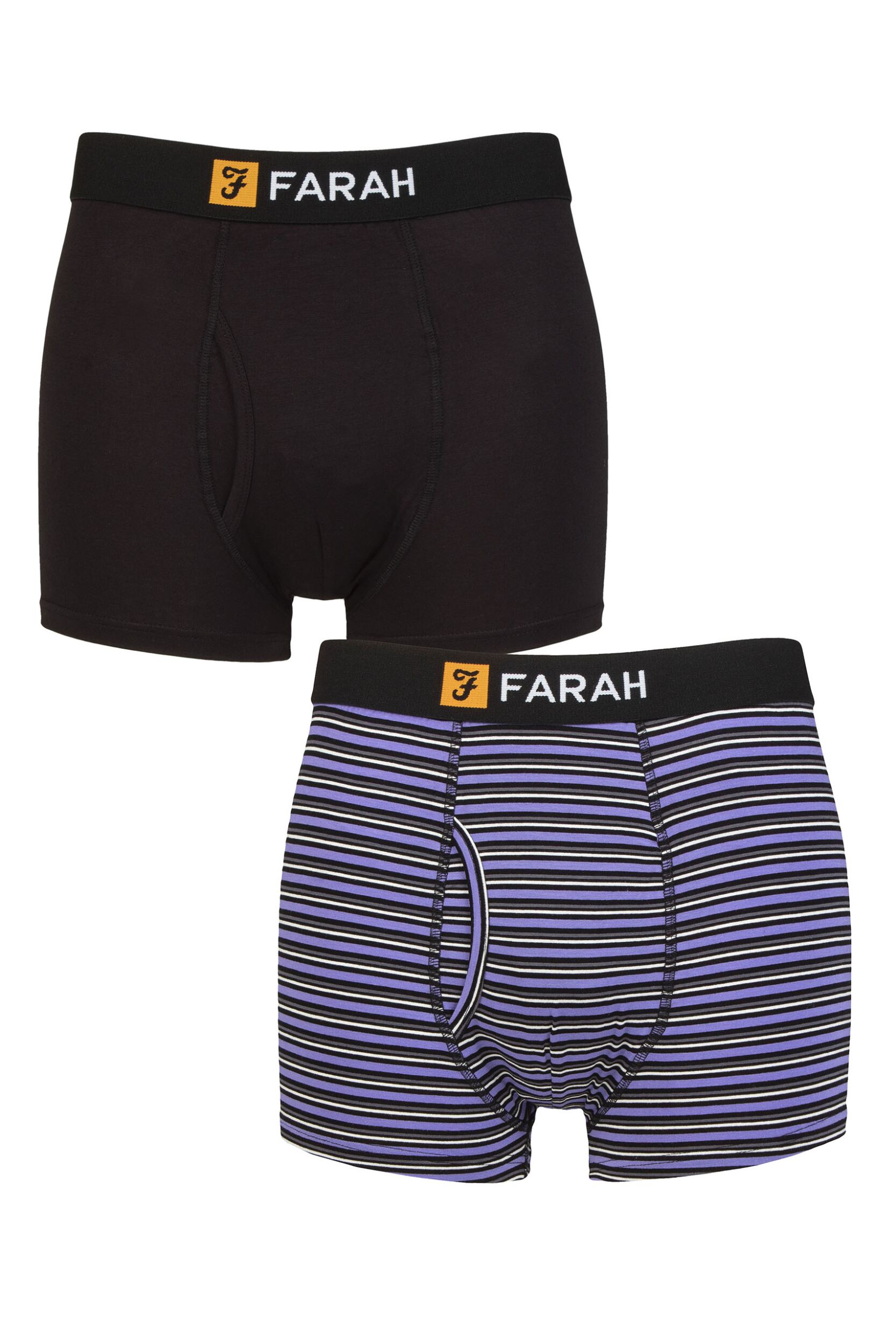 Mens 2 Pack Farah Classic Striped and Plain Bamboo Keyhole Trunks Stripe Black / Purple M