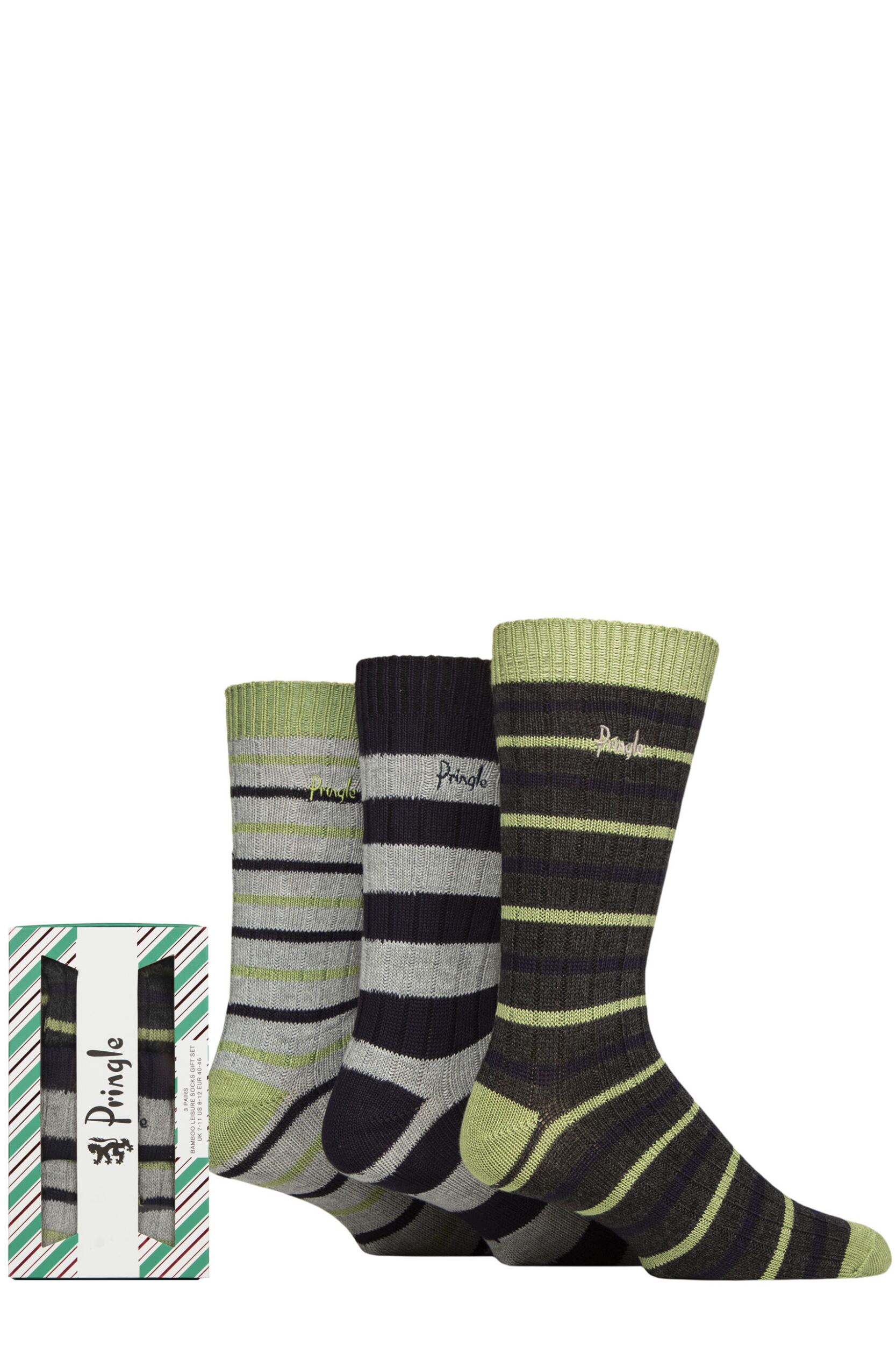 Mens 3 Pair Pringle Bamboo Leisure Socks in Candy Cane Gift Box Grey / Green 7-11 Mens