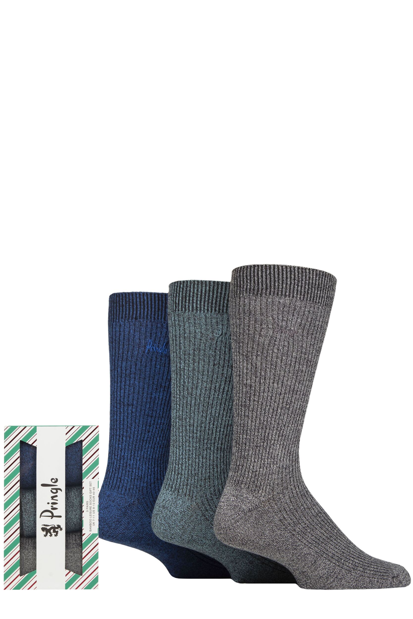 Mens 3 Pair Pringle Bamboo Leisure Socks in Candy Cane Gift Box Denim 7-11 Mens