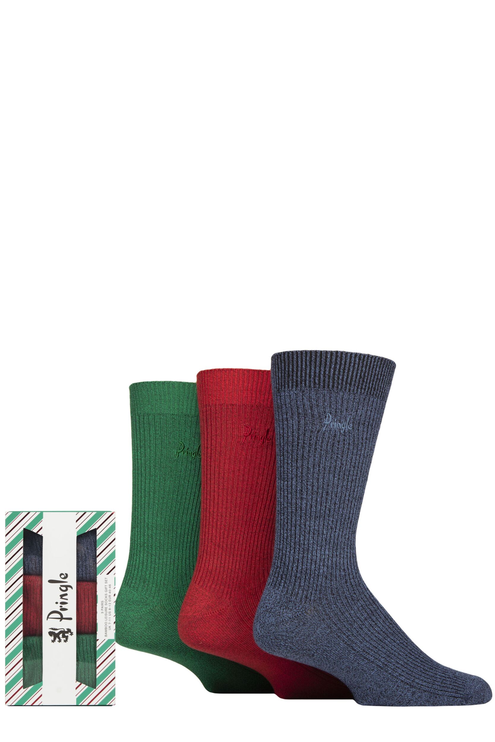 Mens 3 Pair Pringle Bamboo Leisure Socks in Candy Cane Gift Box Blue / Red / Green 7-11 Mens
