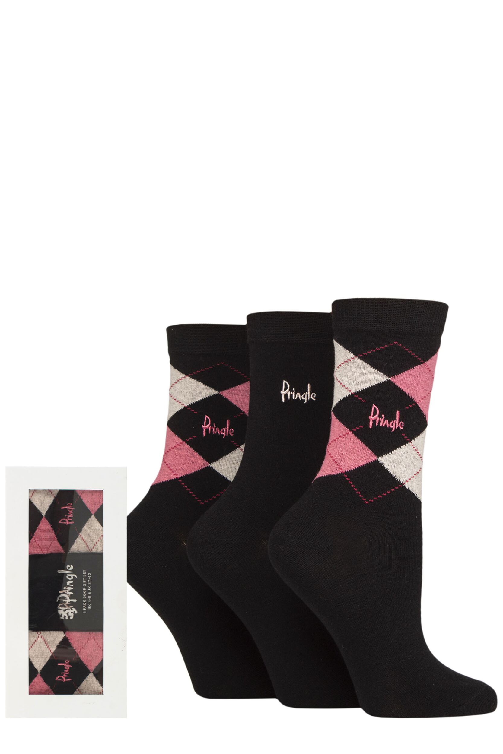 Women's 3 Pair Pringle Gift Boxed Louise Plain and Argyle Cotton Socks Black / Pink 4-8