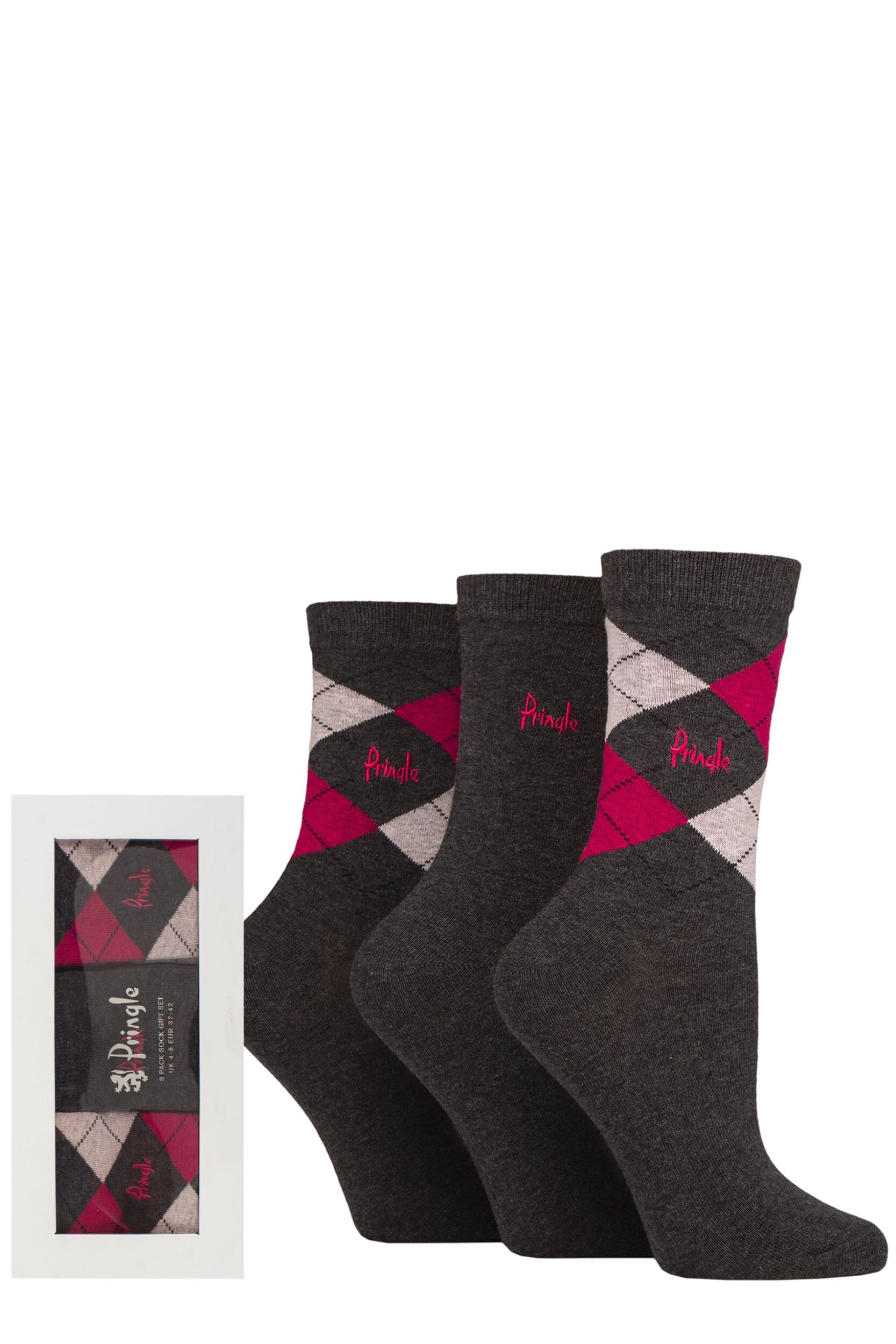 Women's 3 Pair Pringle Gift Boxed Louise Plain and Argyle Cotton Socks Grey 4-8 Ladies