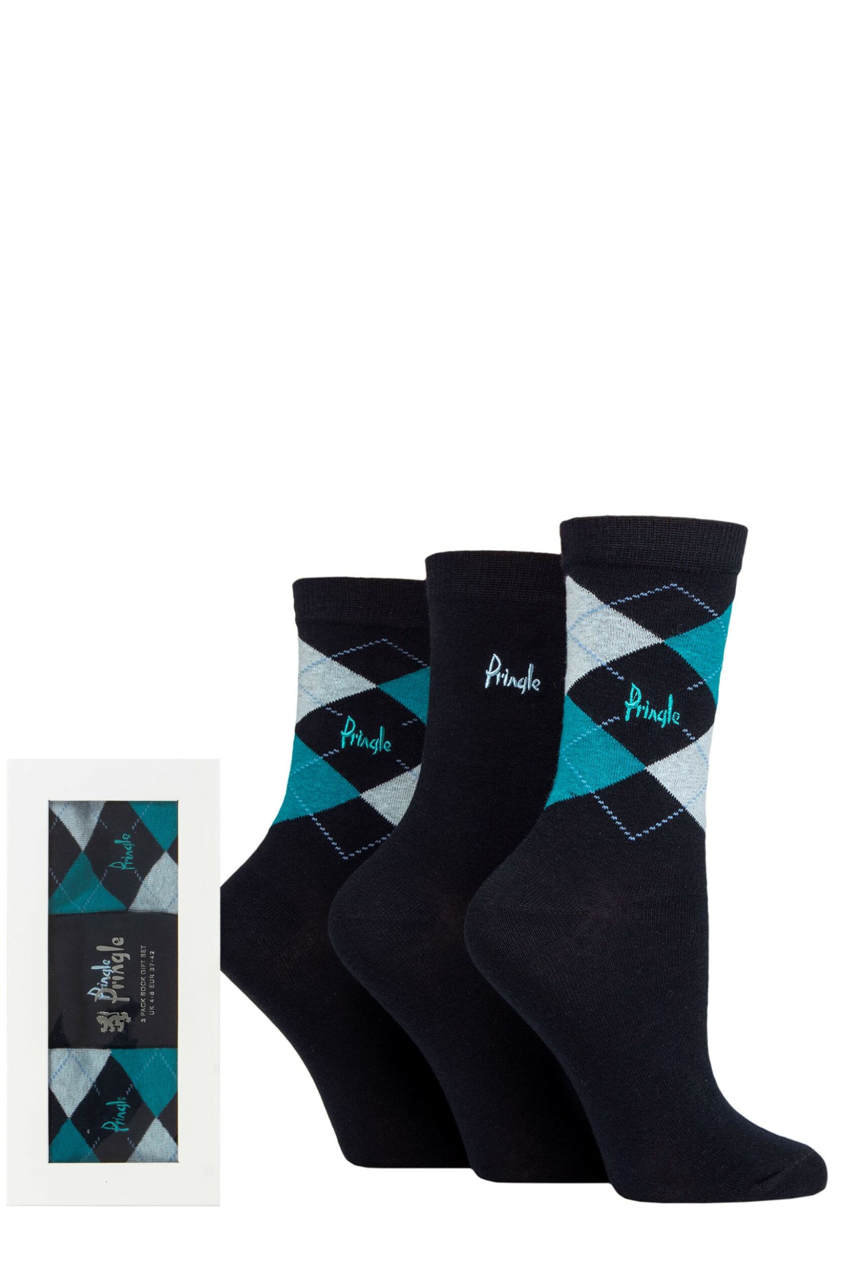 Women's 3 Pair Pringle Gift Boxed Louise Plain and Argyle Cotton Socks Navy / Teal 4-8