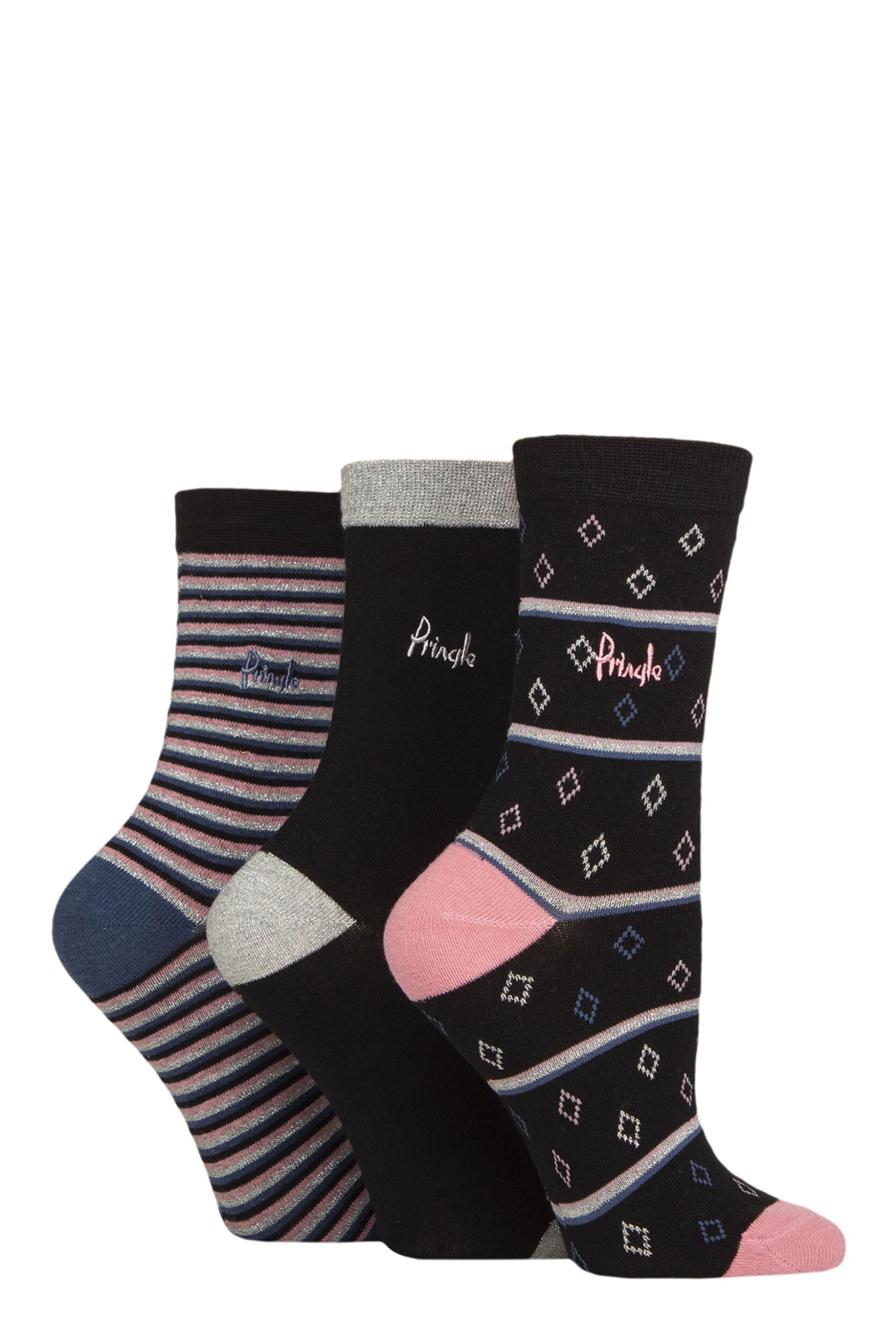 Women's 3 Pair Pringle Christmas Patterned Cotton Socks with Gift Tag Black Diamond / Stripe 4-8