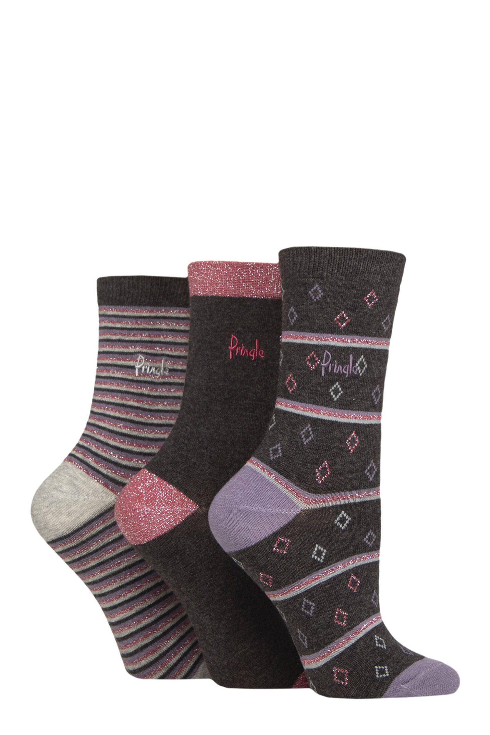 Women's 3 Pair Pringle Christmas Patterned Cotton Socks with Gift Tag Charcoal Diamond / Stripe 4-8