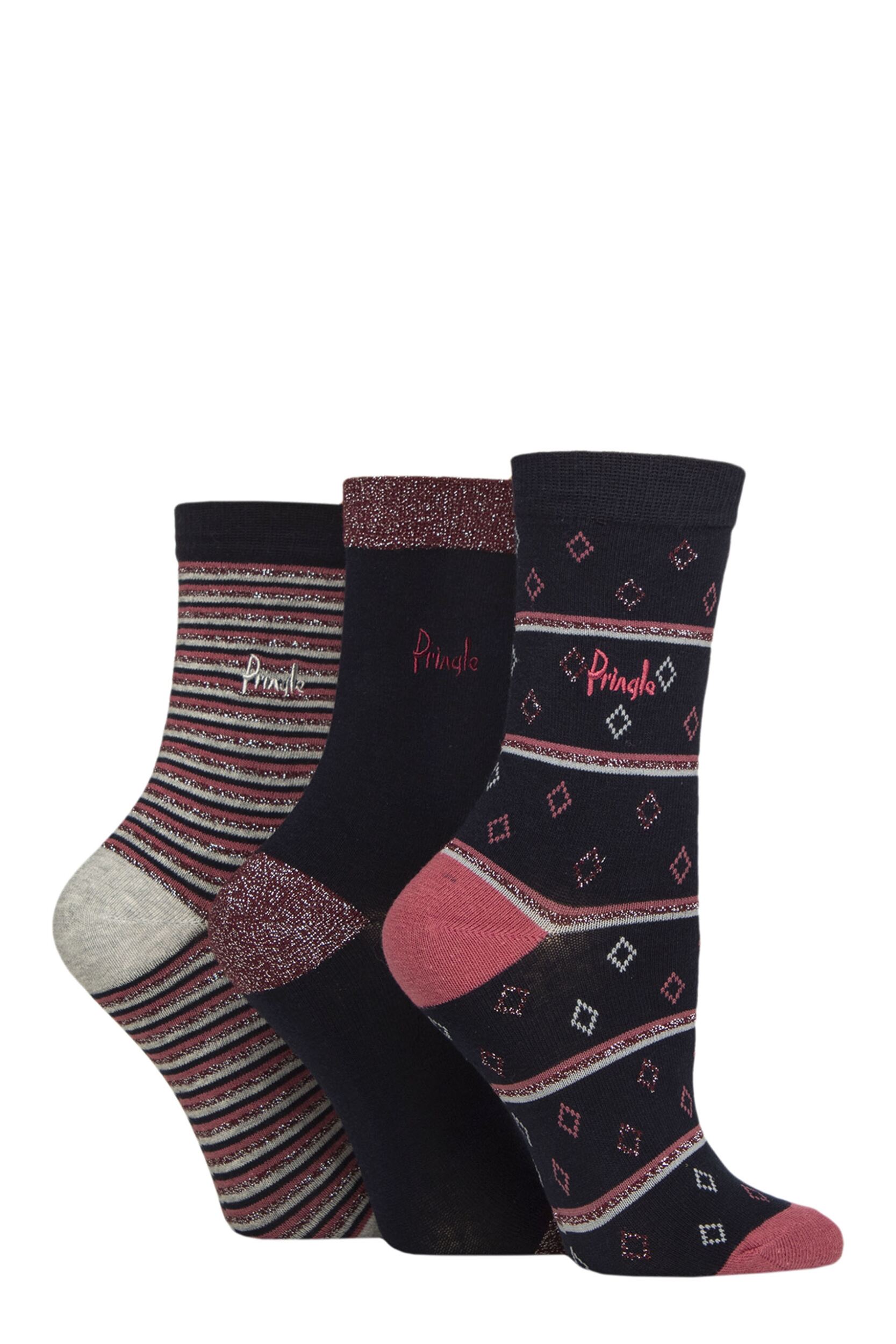 Women's 3 Pair Pringle Christmas Patterned Cotton Socks with Gift Tag Navy Diamond / Stripe 4-8