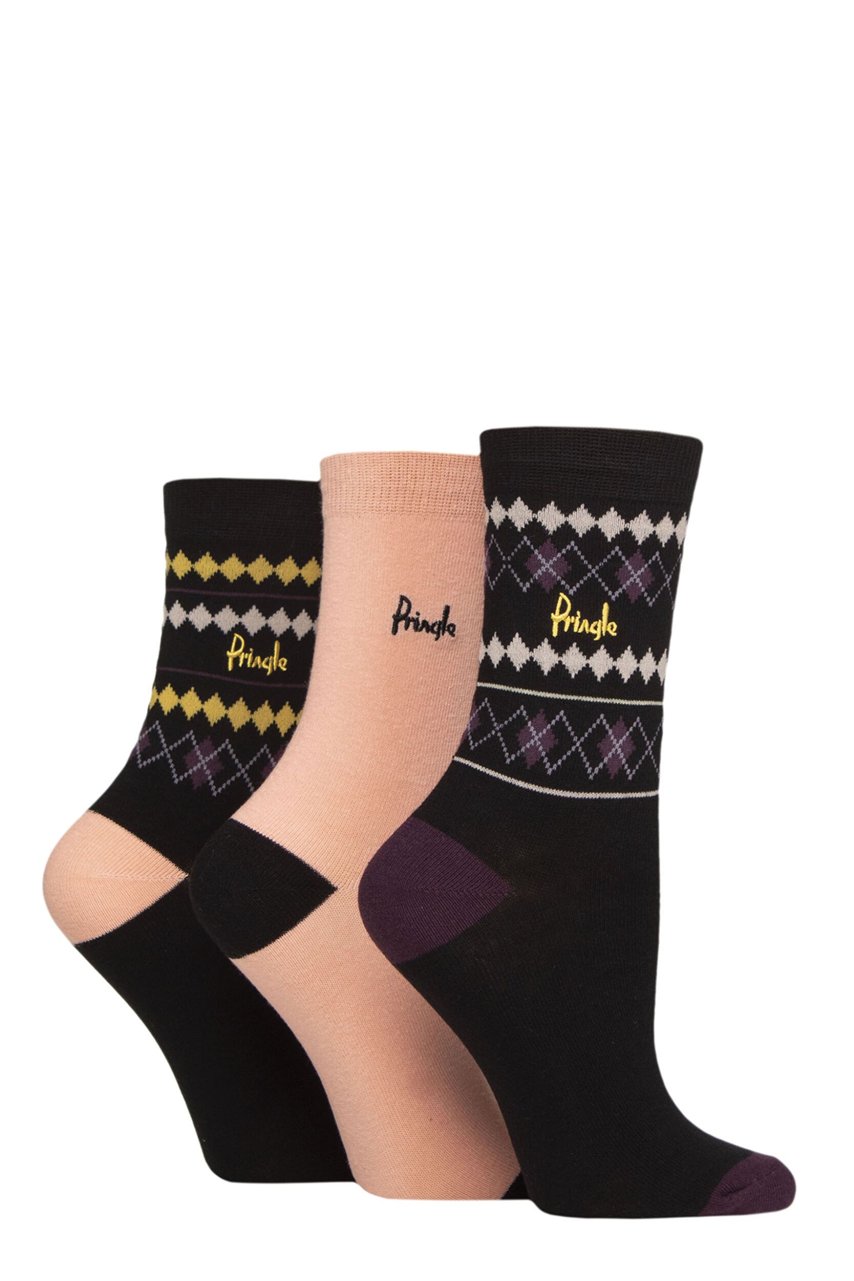 Women's 3 Pair Pringle Christmas Patterned Cotton Socks with Gift Tag Black Nordic Argyle 4-8