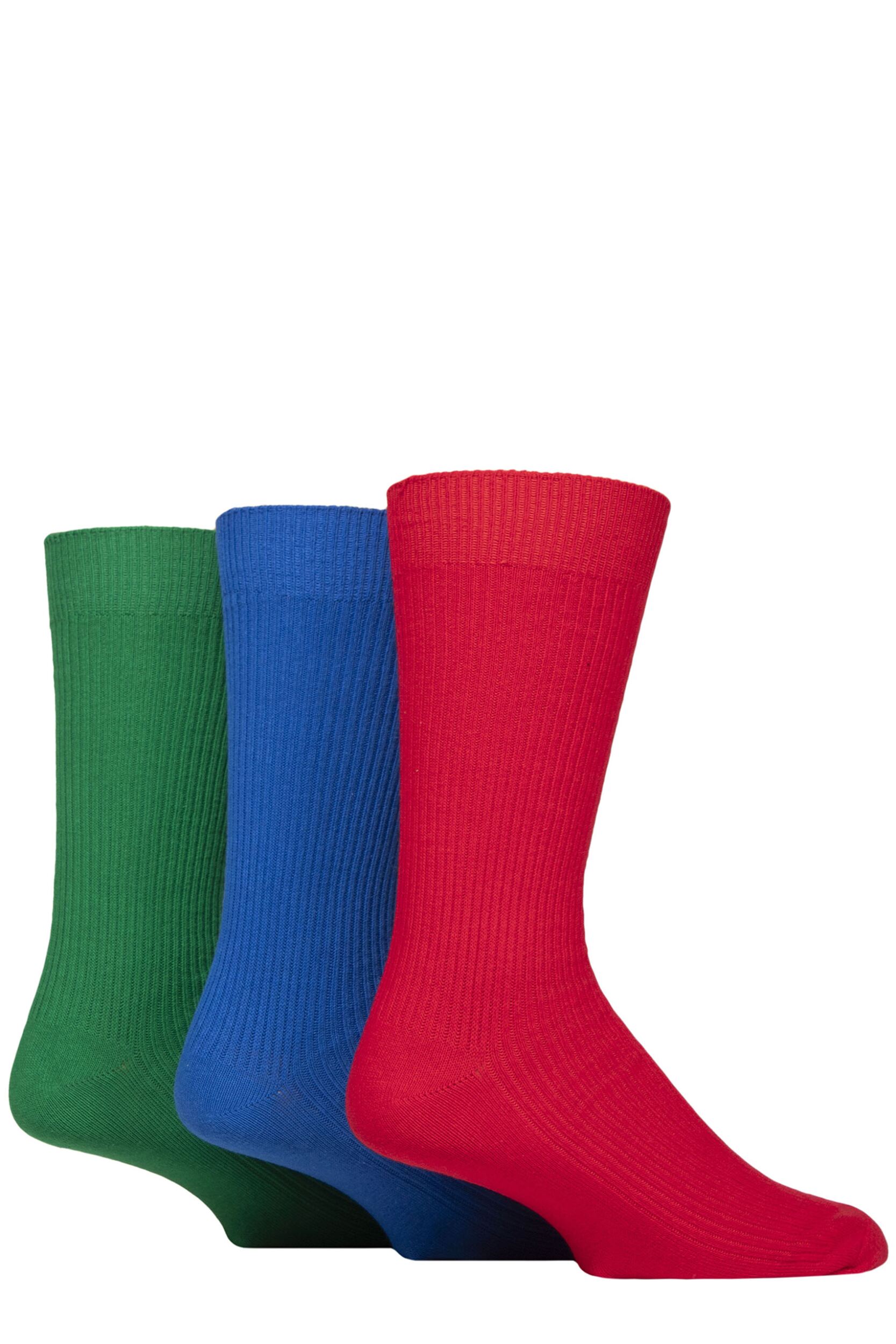 Image of Mens 3 Pair Glenmuir Laird Cotton Ribbed Trouser Socks Red / Blue / Green 7-11 Mens
