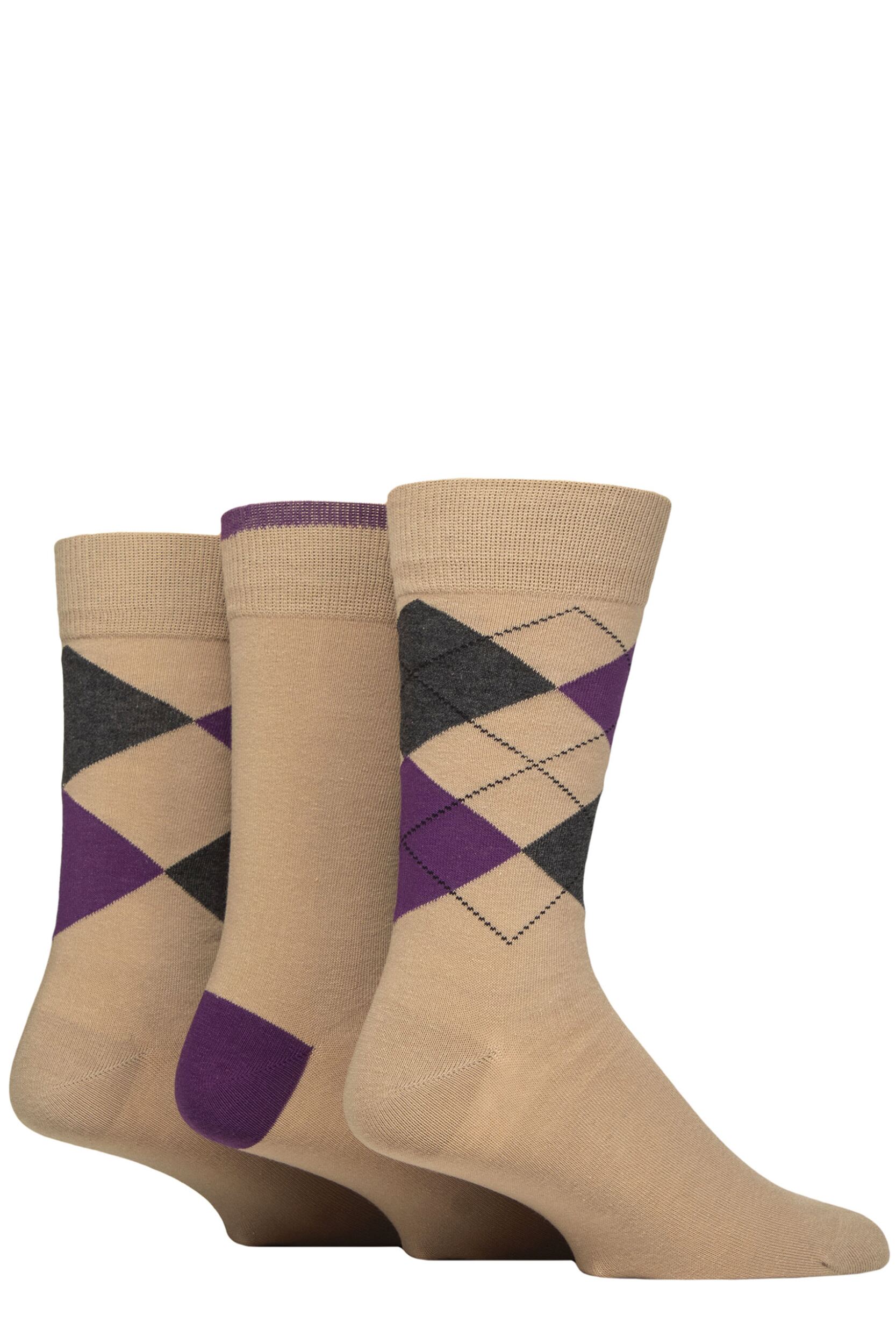 Mens 3 Pair Glenmuir New Waverley Cotton Argyle Patterned and Plain Socks Beige 7-11 Mens