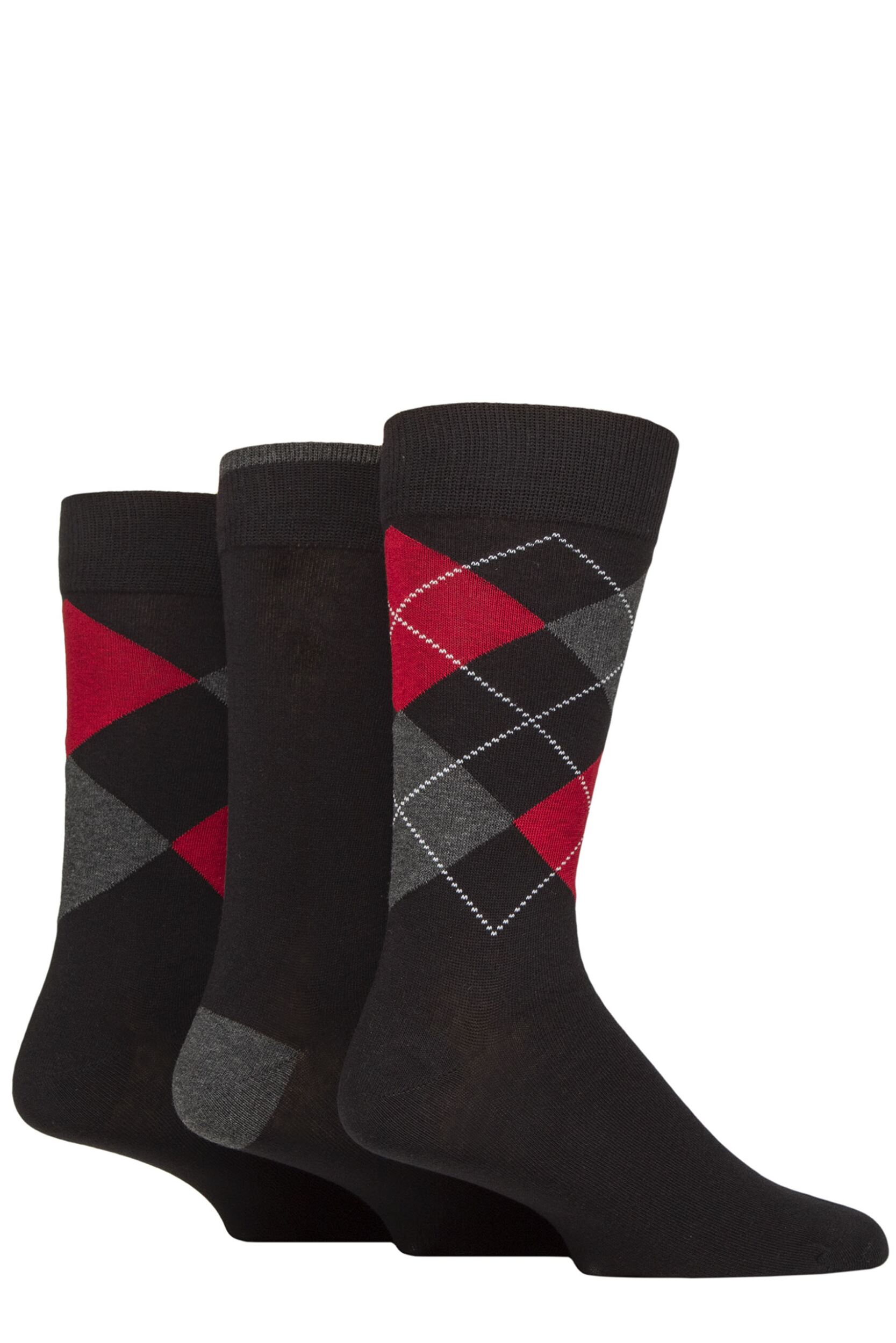 Image of Mens 3 Pair Glenmuir New Waverley Cotton Argyle Patterned and Plain Socks Black 7-11 Mens
