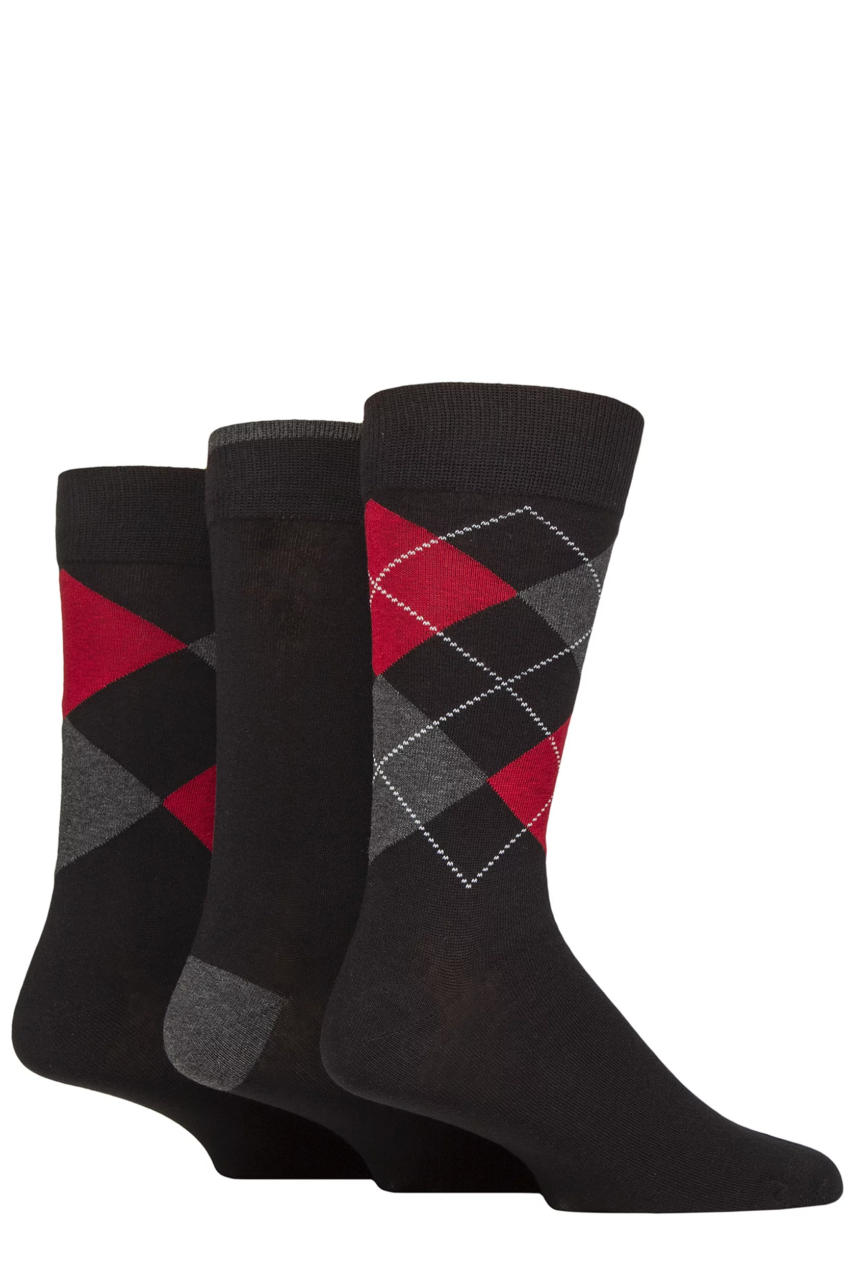 Mens 3 Pair Glenmuir New Waverley Cotton Argyle Patterned and Plain Socks Black 7-11 Mens