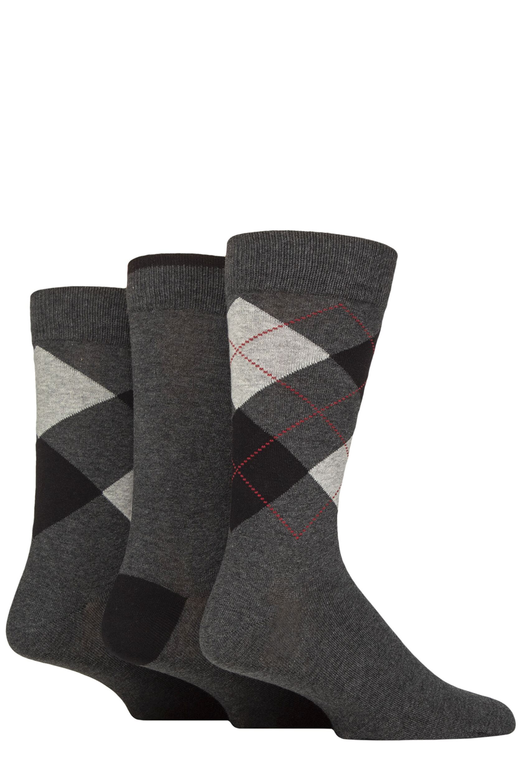 Mens 3 Pair Glenmuir New Waverley Cotton Argyle Patterned and Plain Socks Charcoal 7-11 Mens